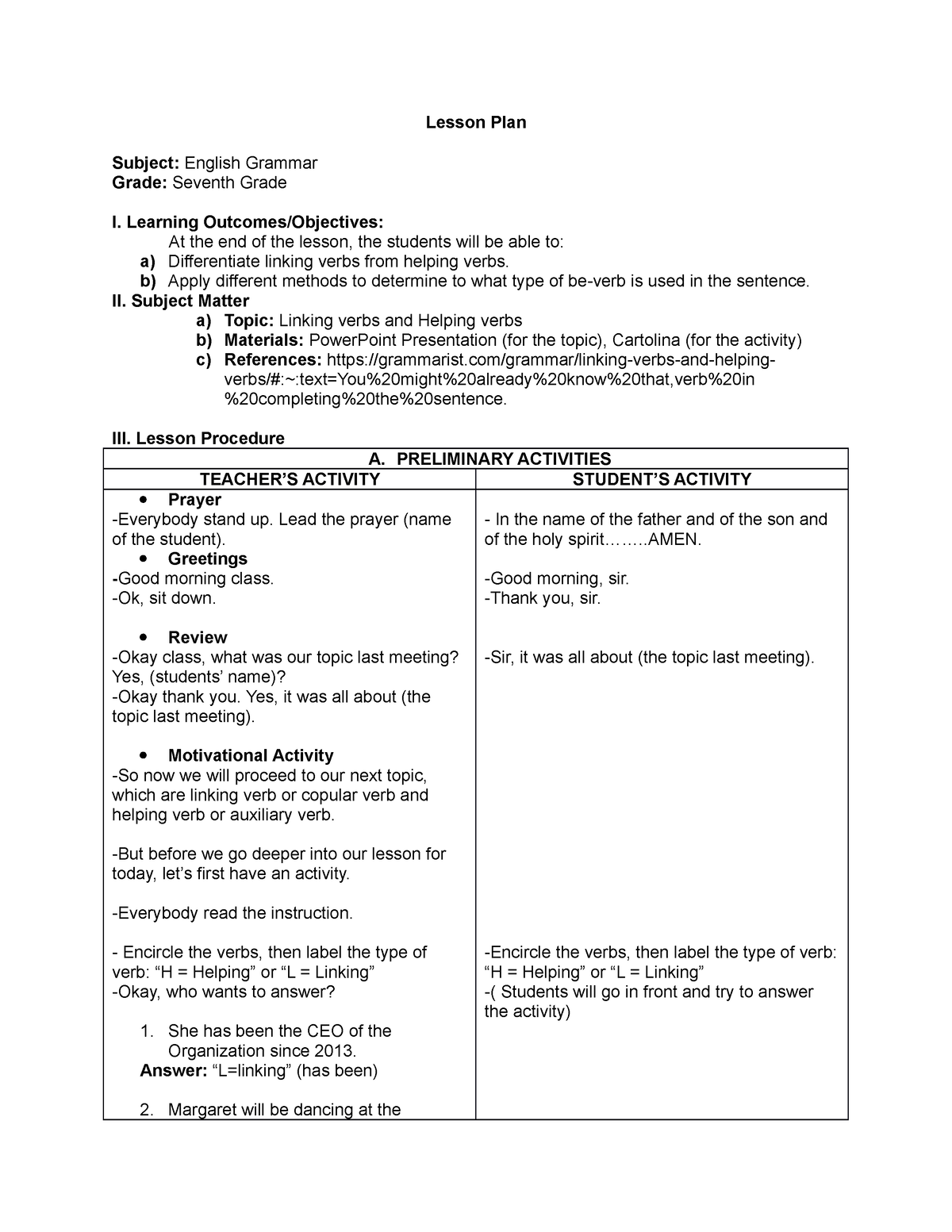 Lesson Plan (Grammar) - Lesson Plan Subject: English Grammar Grade ...