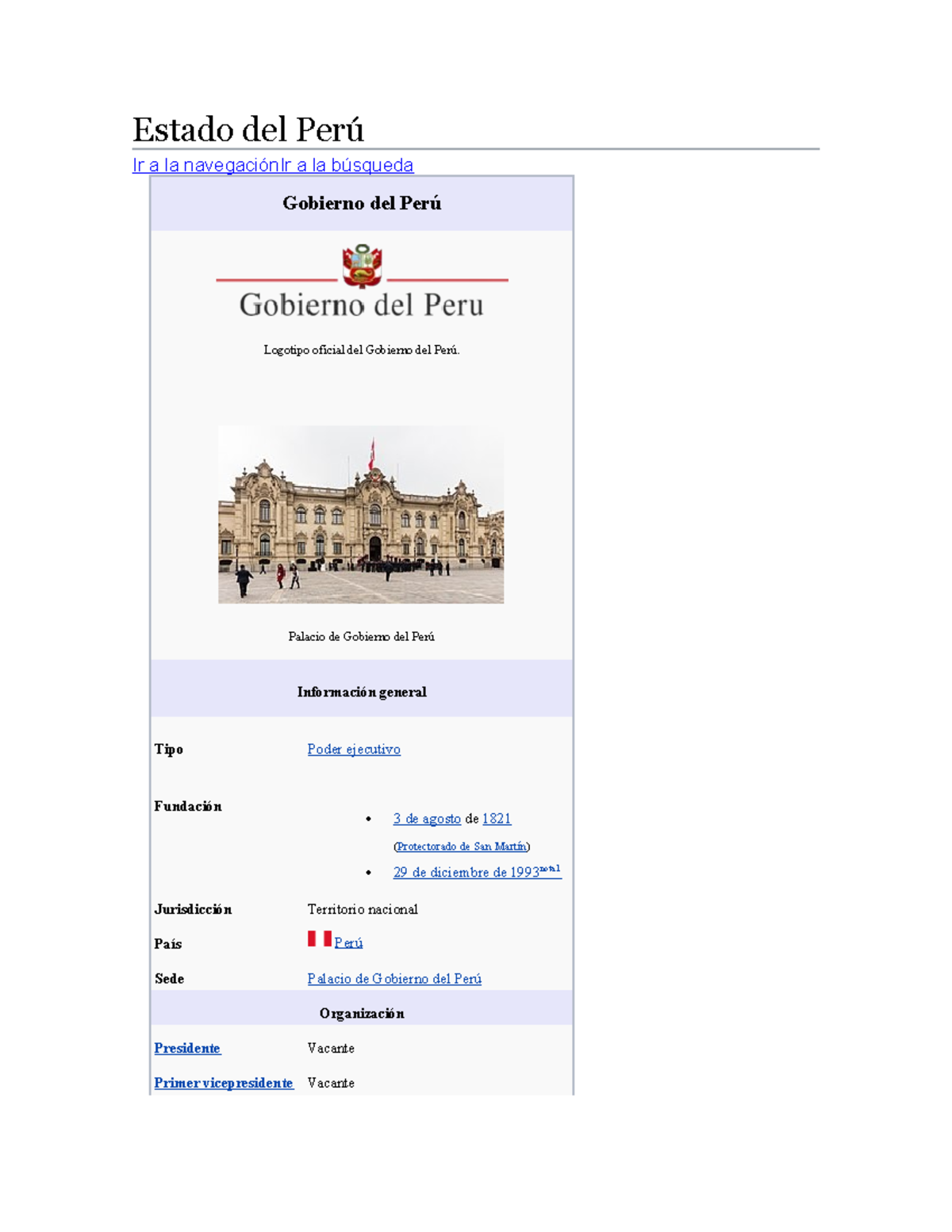 Estado del Perú - Palacio de Gobierno del Perú Información general Tipo  Poder ejecutivo Fundación  - StuDocu
