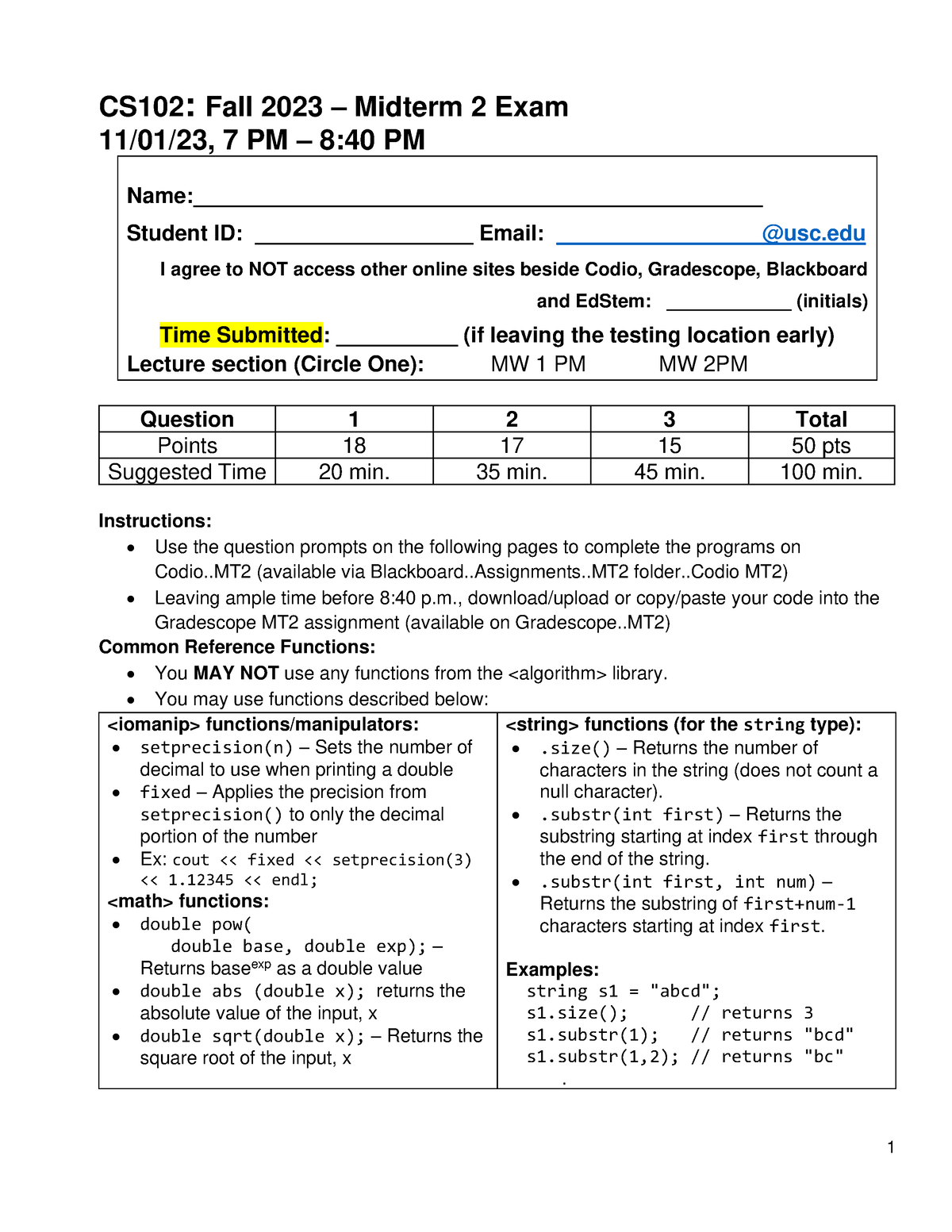 CS102 20233 MT2 Sol - Solution To Midterm - CS10 2 : Fall 2023 ...