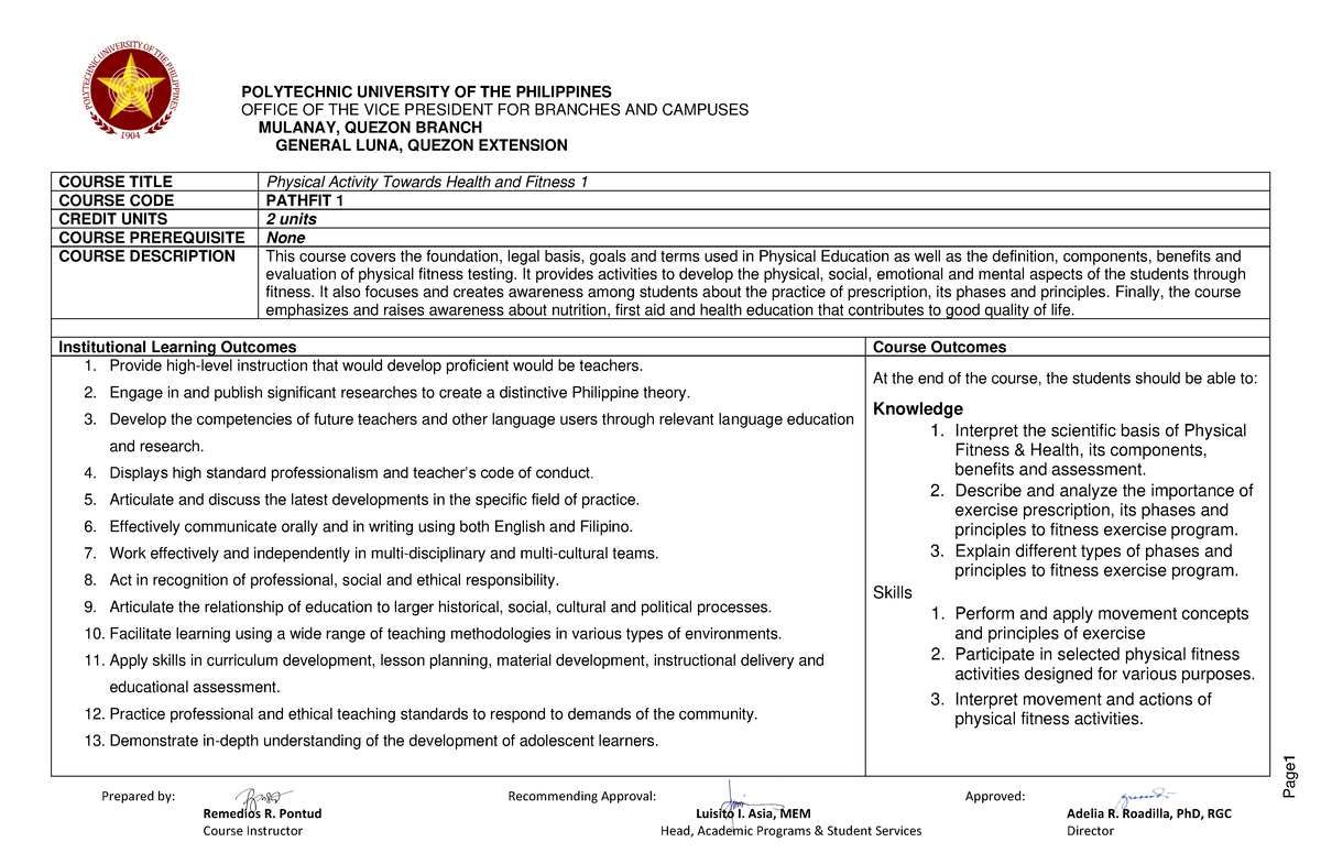 Pathfit-1-Syllabus - Syllabus In PE1 - Prepared By: Recommending ...