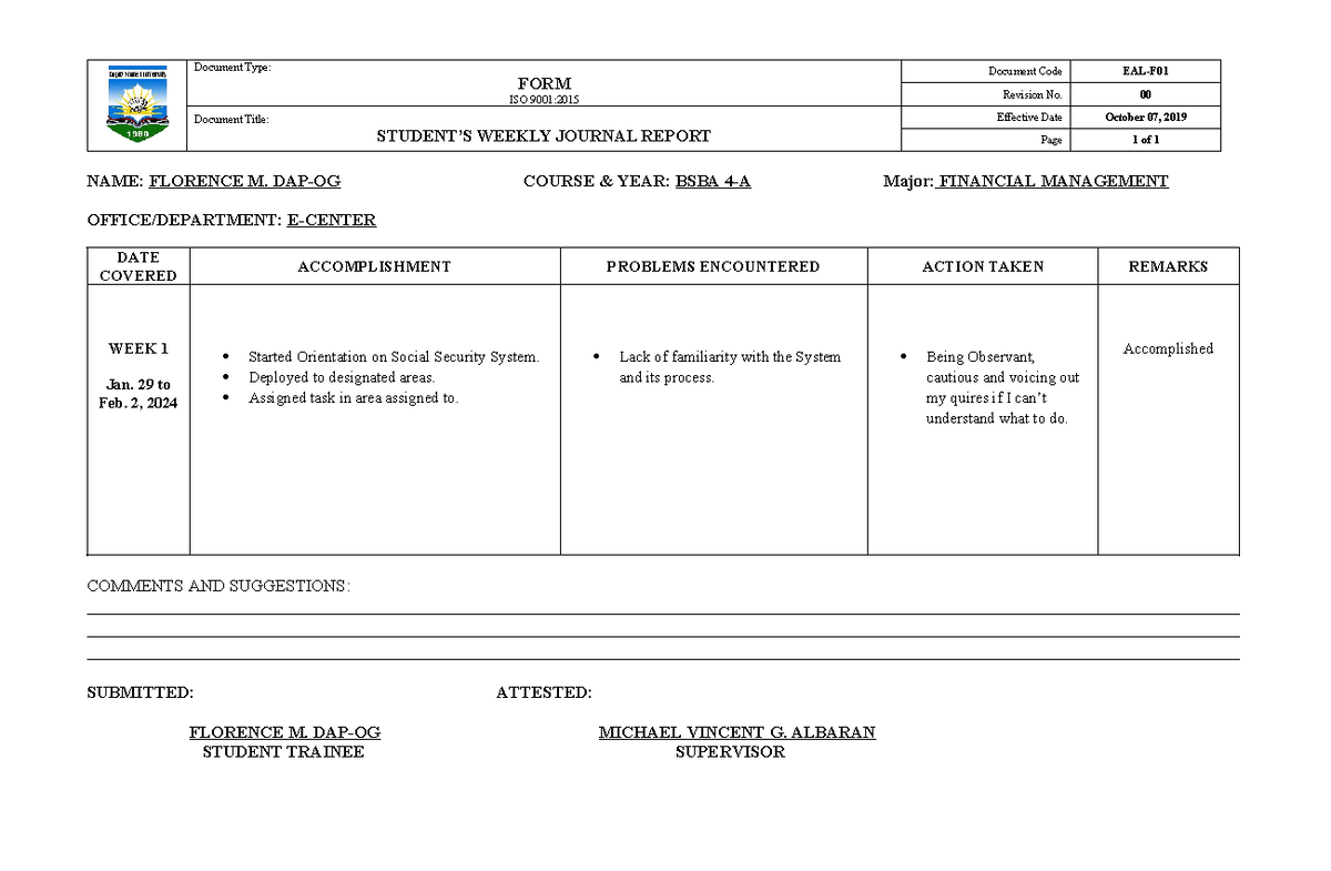 F01-Weekly-Journal-Report-SIPP-1 - FORM ISO 9001: Document Code EAL-F ...