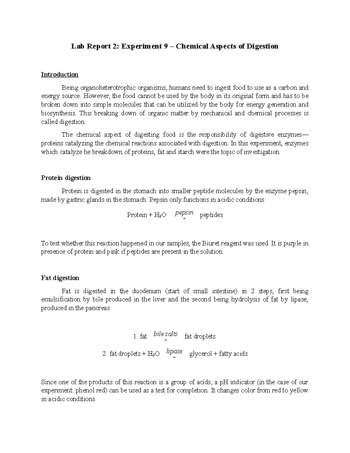 BIOL 117 Report 2 Digestion - Lab Report 2: Experiment 9 – Chemical ...