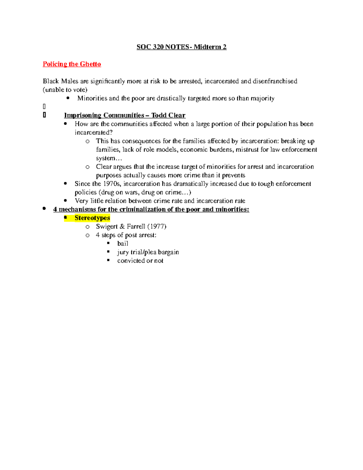 SOC 320 Notes midterm 2 - SOC 320 NOTES- Midterm 2 Policing the Ghetto ...