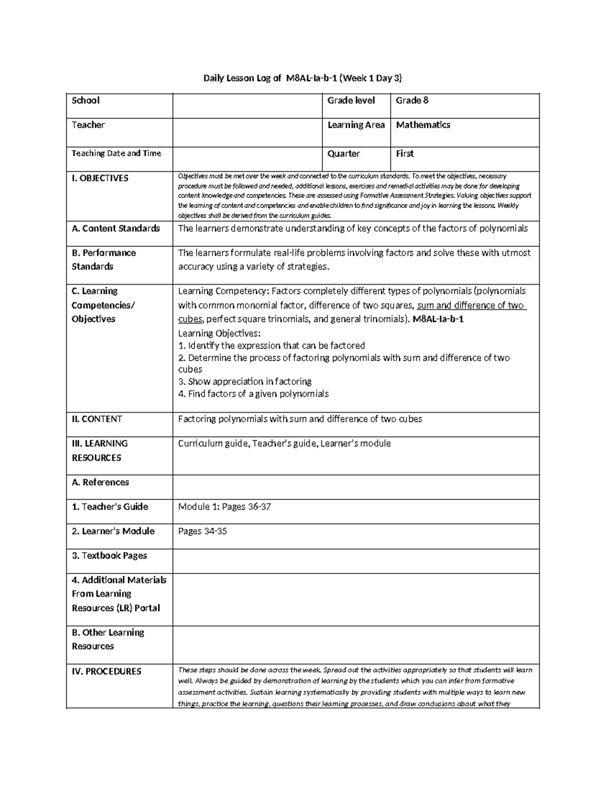 I-Day 3 - Lesson Plan - Daily Lesson Log Of M8AL-Ia-b-1 (Week 1 Day 3 ...