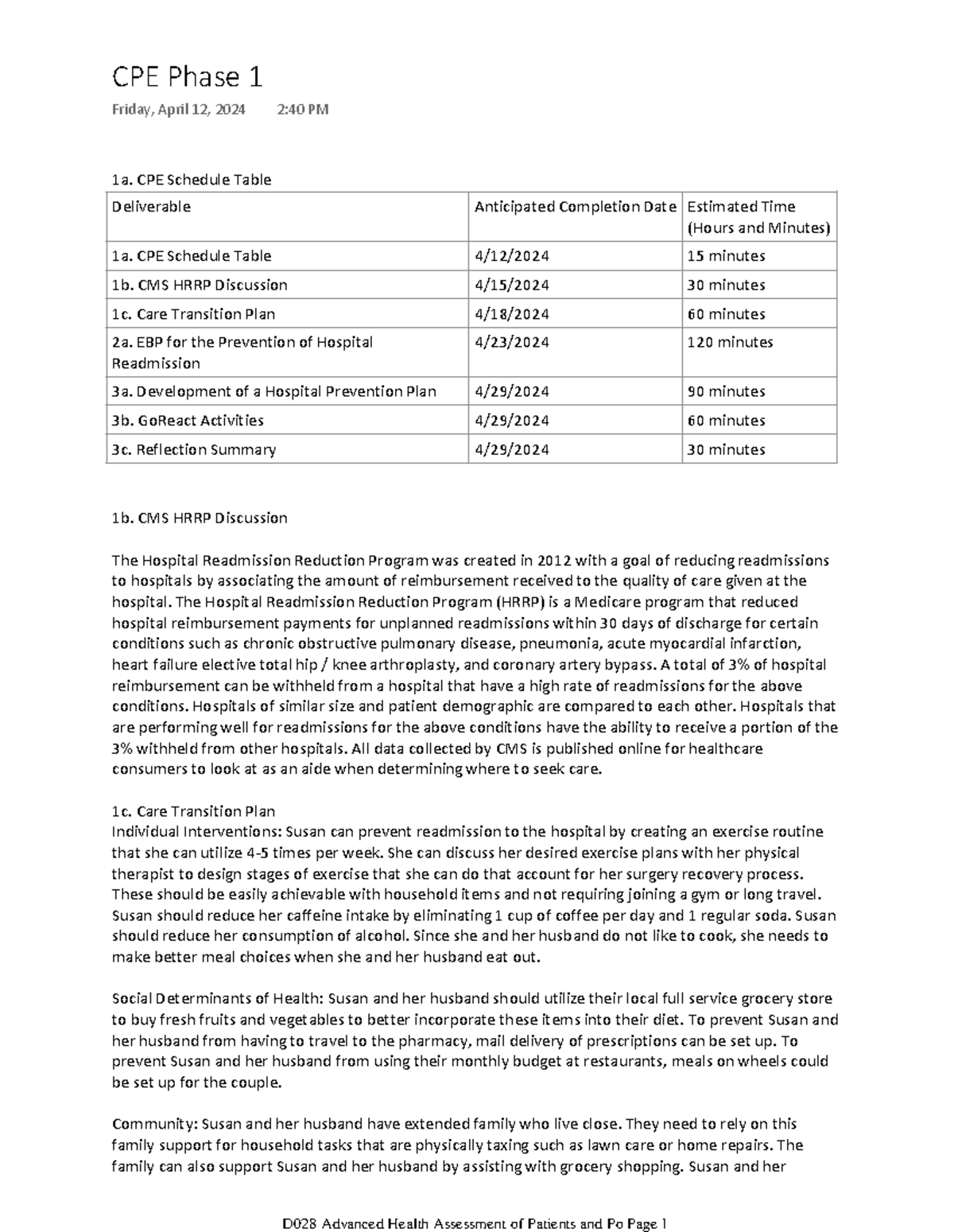 OneNote Assignment - 1a. CPE Schedule Table Deliverable Anticipated ...
