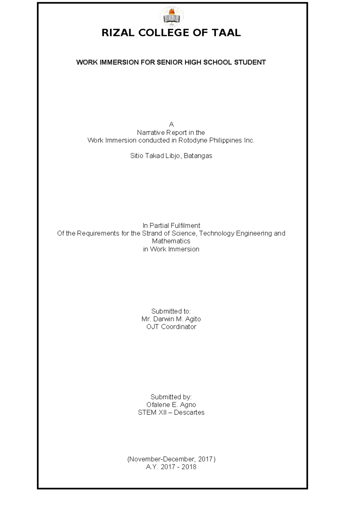 WORK Immersion FOR Senior HIGH School ST - WORK IMMERSION FOR SENIOR ...