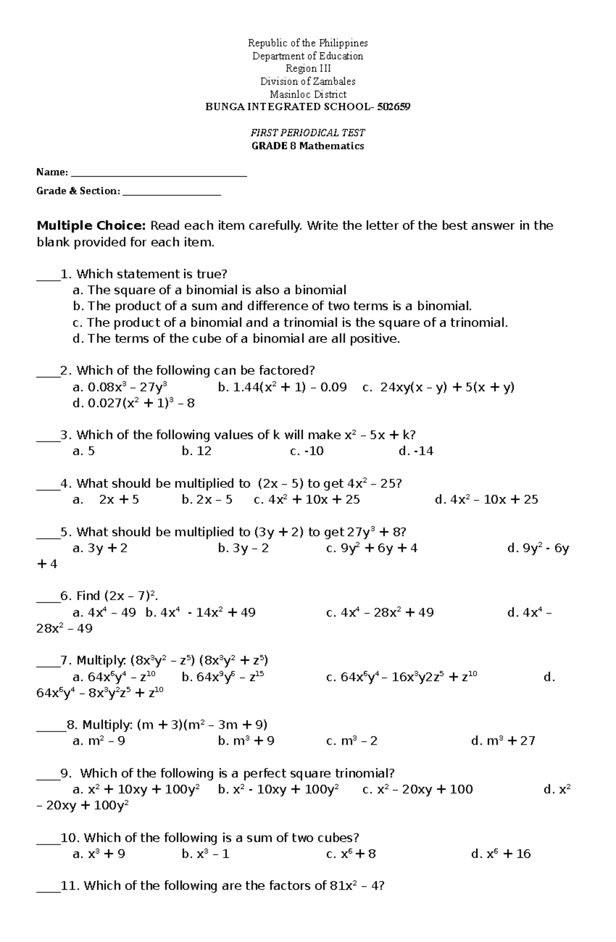 PT Mathematics 8 Q1 - hjhngfbd - Republic of the Philippines Department ...