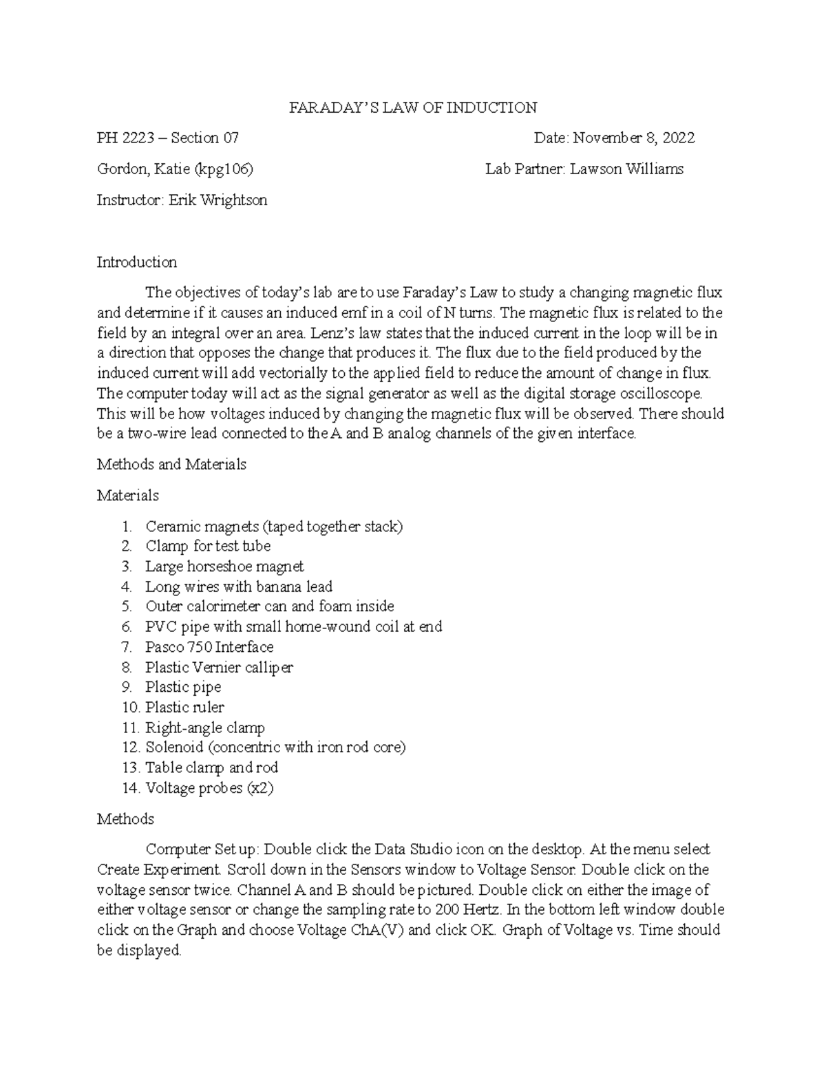 Lab 10 Report Physics 2 - FARADAY’S LAW OF INDUCTION PH 2223 – Section ...