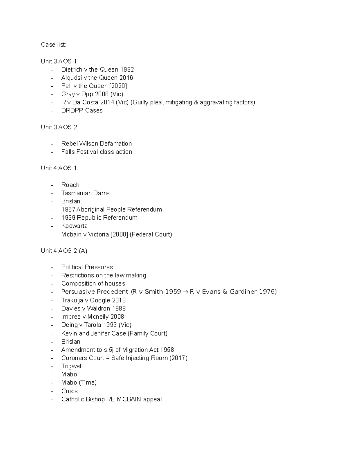 Case studies list Case list Unit 3 AOS 1 Dietrich v the Queen 1992 Alqudsi v the Queen Case studies list Case list Unit 3 AOS 1 Dietrich v the Queen 1992 Alqudsi v the Queen