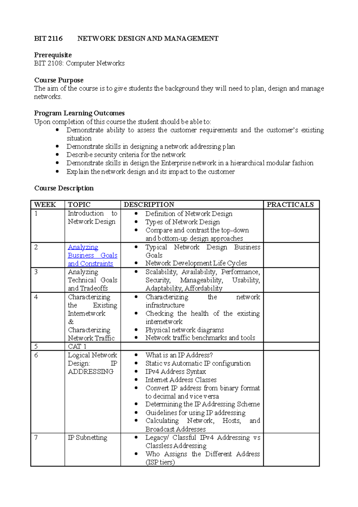 BIT 2116 Network Design AND Management Course Outline BIT 2116