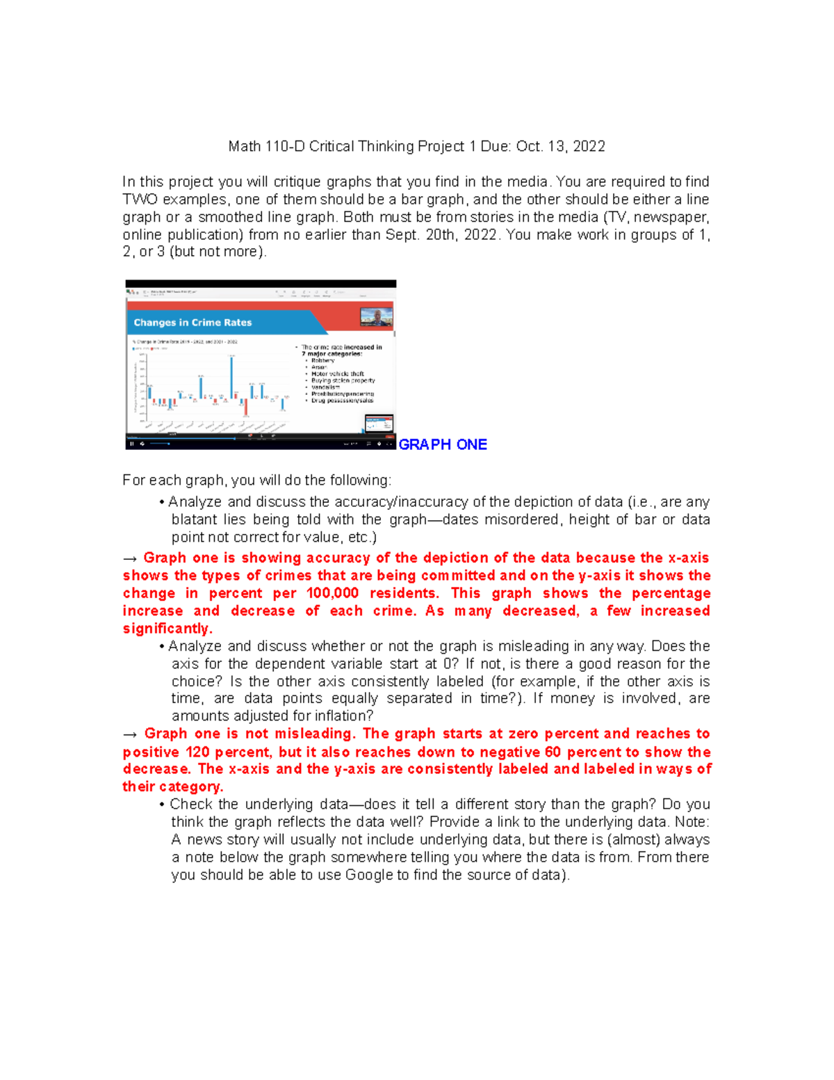 Copy of Project 1 - Math 110-D Critical Thinking Project 1 Due: Oct. 13 ...