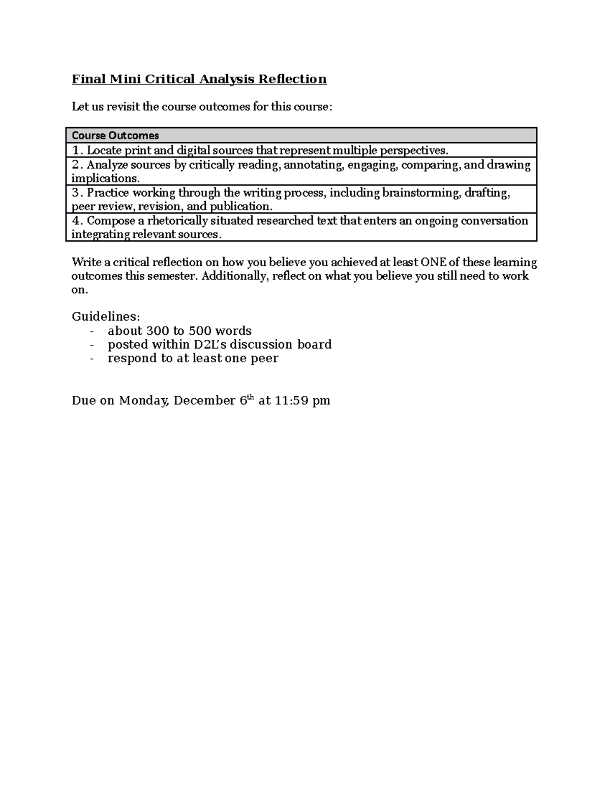 Final Mini Critical Analysis Reflection - Analyze sources by critically ...