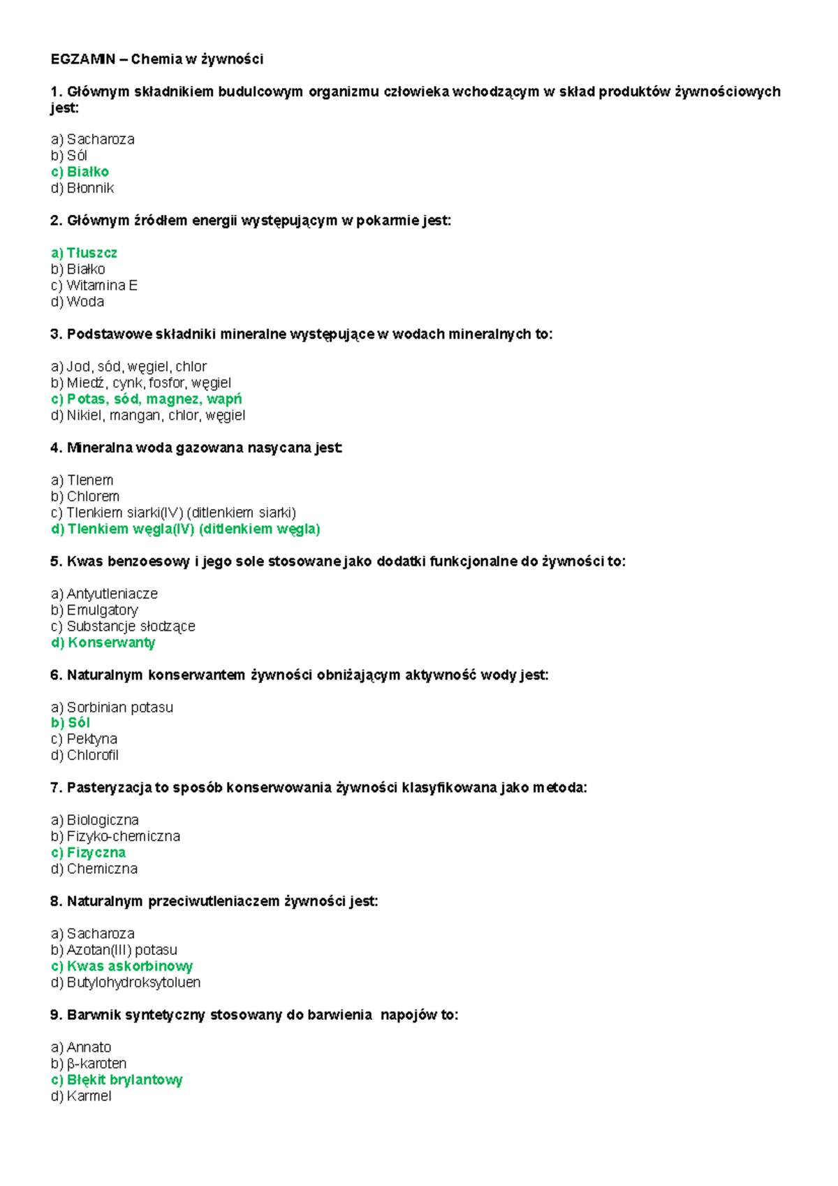 Exam - chemia Egzamin z żywności Ż3 - EGZAMIN – Chemia w żywności 1