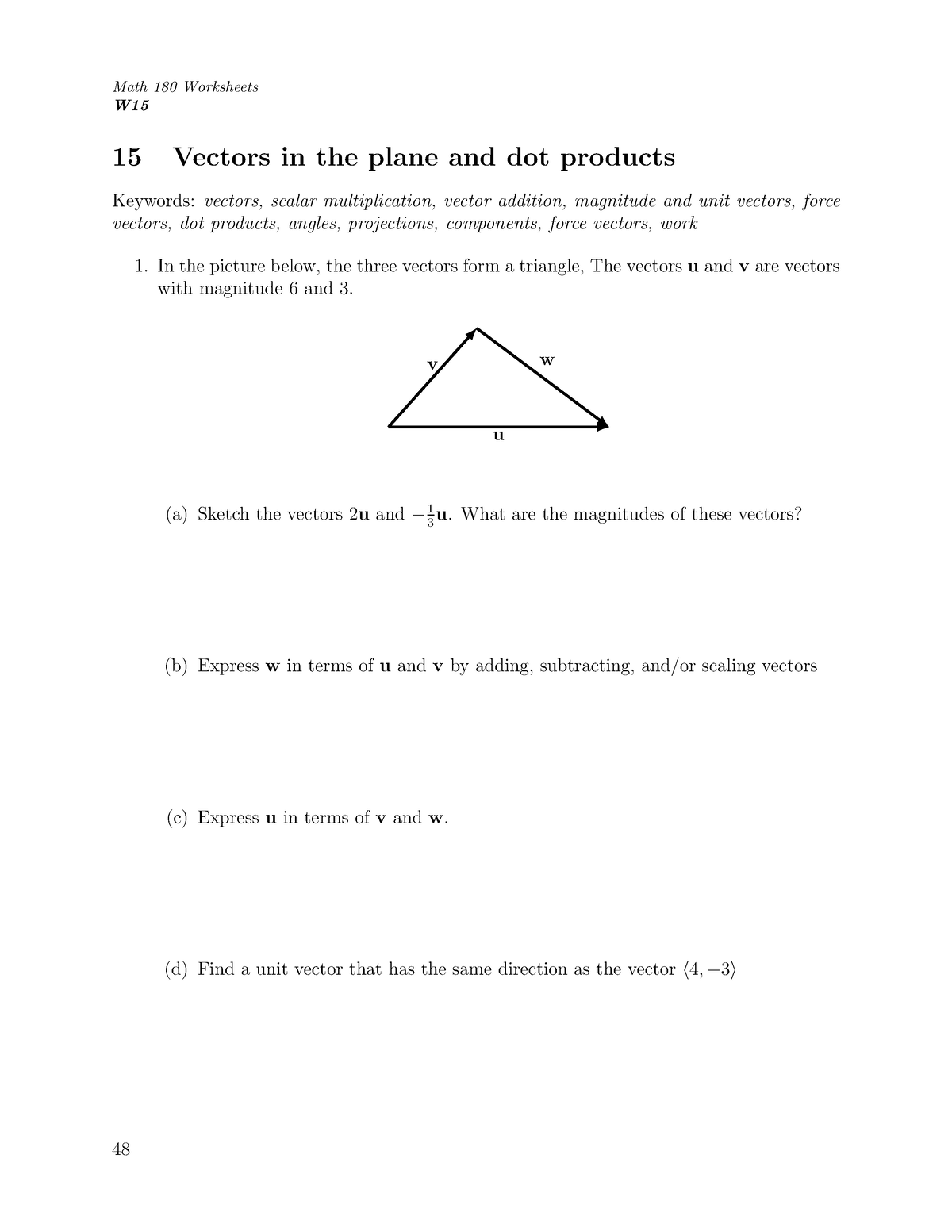 Math 180 Worksheets Week 15 W 15 Vectors In The Plane And Dot Products Keywords Vectors