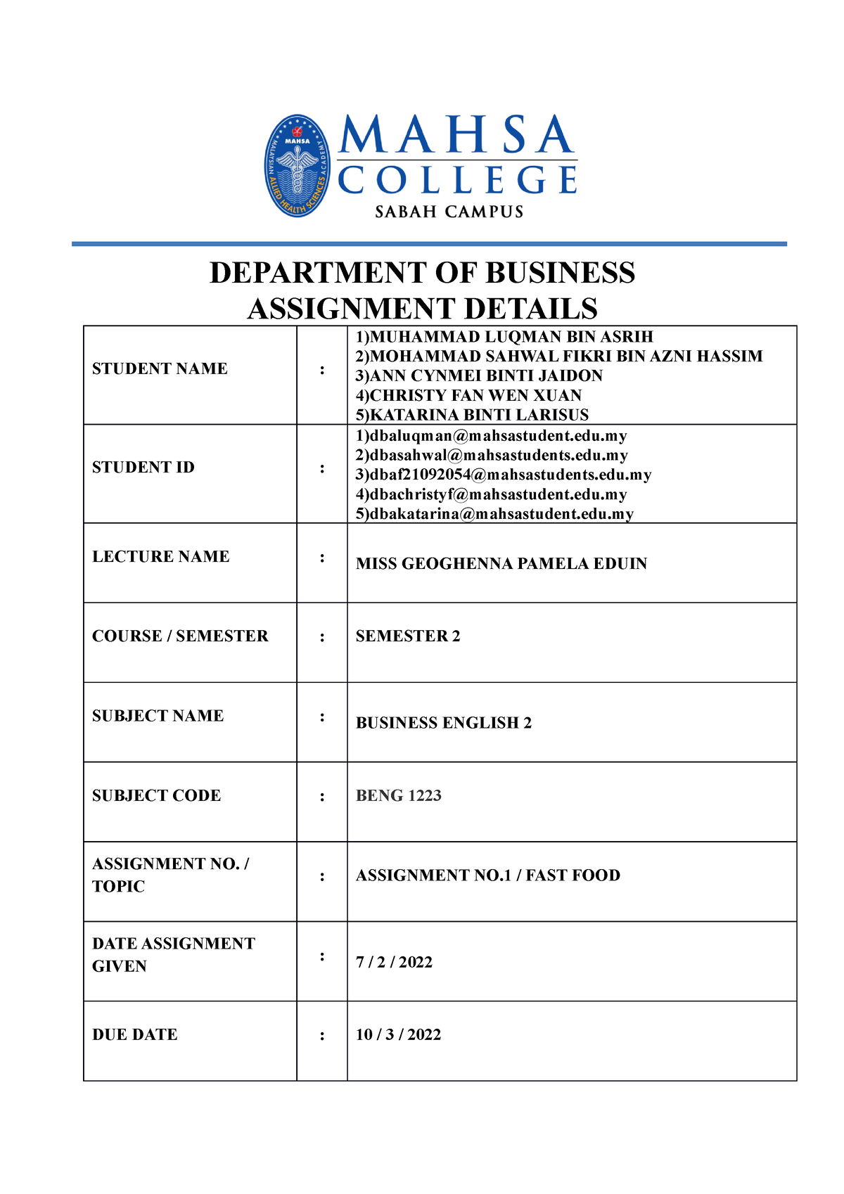 business english assignment 5