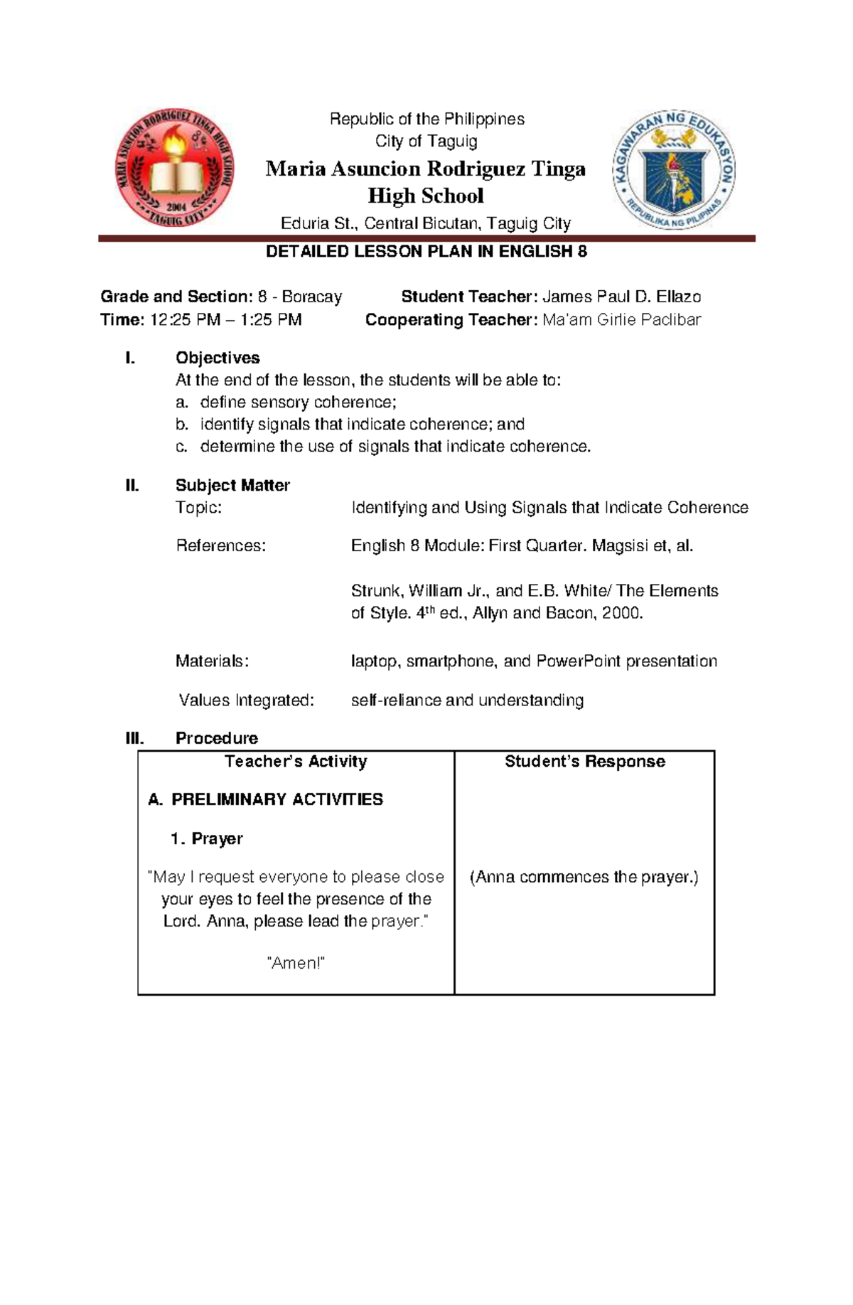 Detailed LP- Coherence 101922 - Republic of the Philippines City of ...