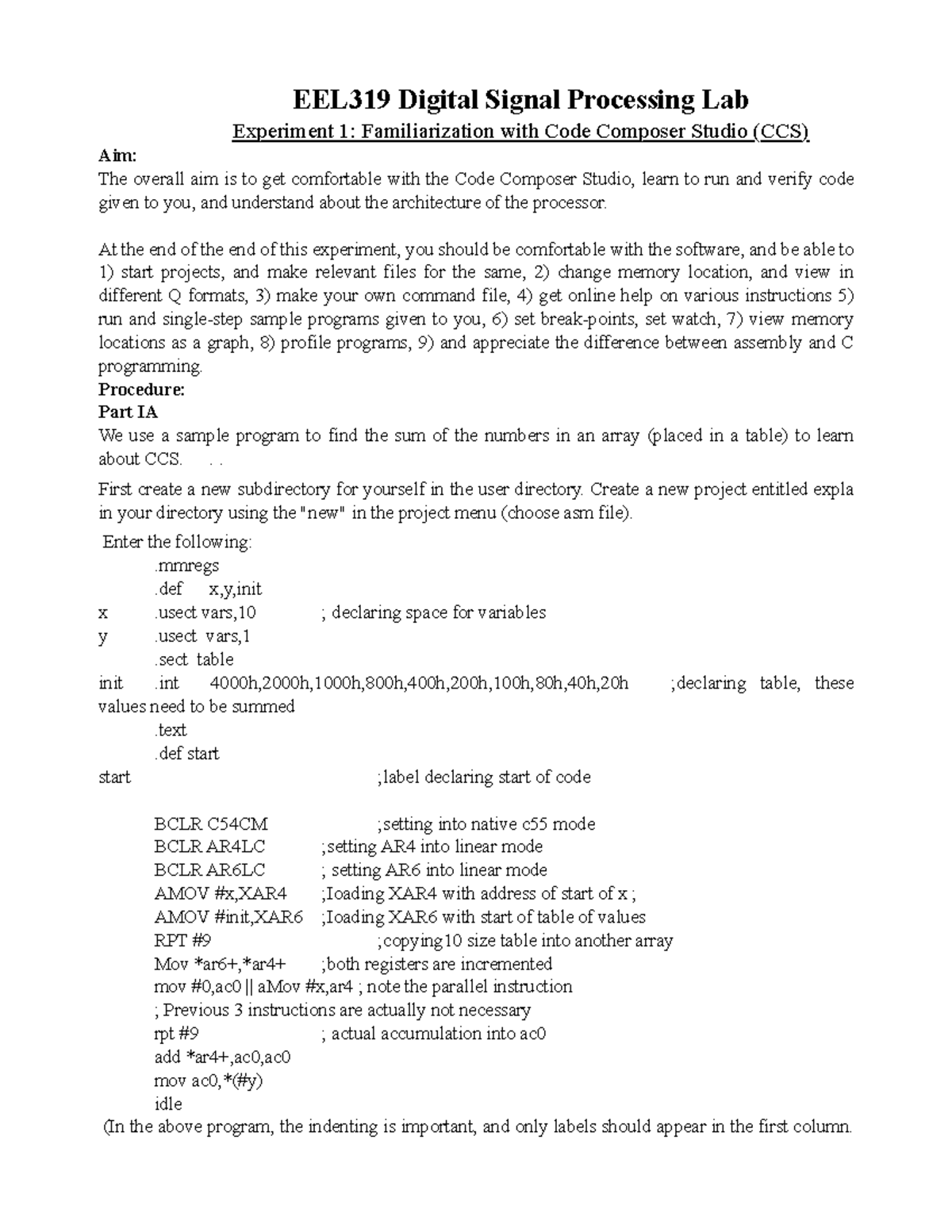Expt1 Control Engineering Lab EEL319 Digital Signal Processing Lab