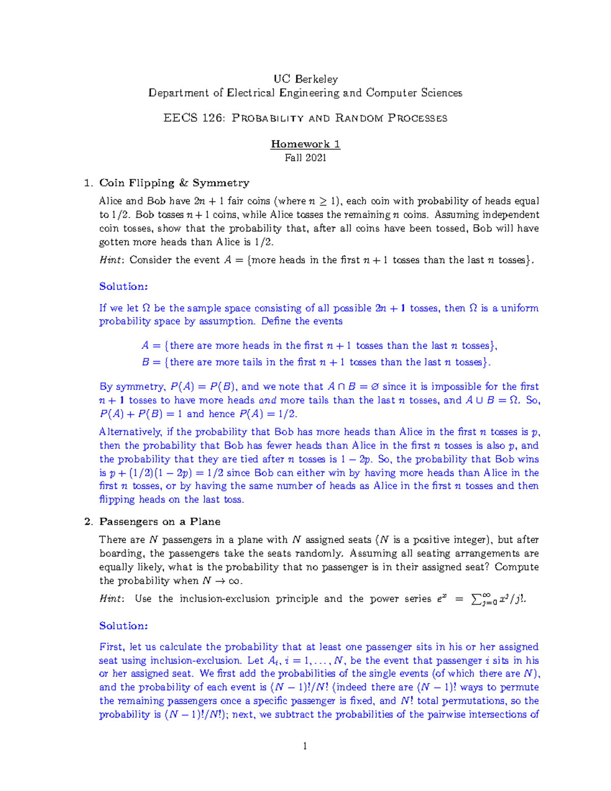 EECS 126 Probability And Random Processes hw1sol (Fall 2021) UC
