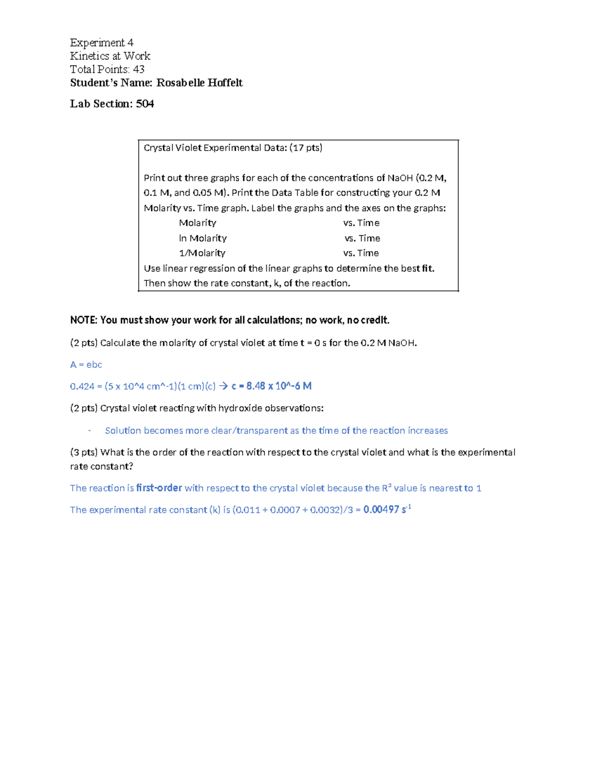 CHEM 110L - Experiment 4 Kinetics at Work - Experiment 4 Kinetics at ...