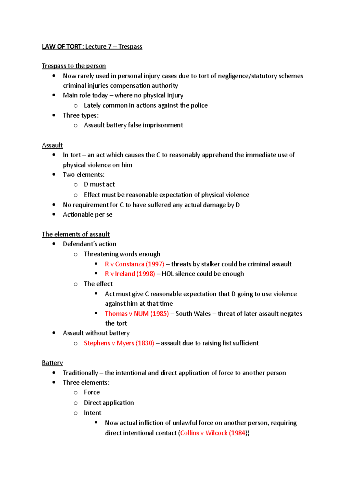 TORT Lecture 7 - LAW OF TORT : Lecture 7 – Trespass Trespass to the ...
