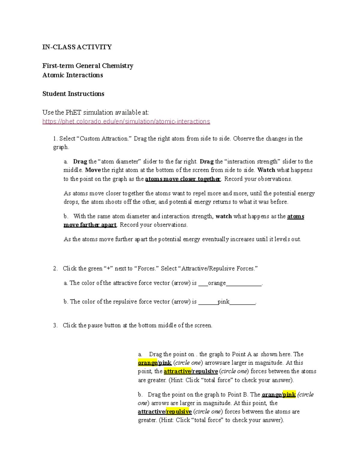 Phet Lab Phet Lab work INCLASS ACTIVITY Firstterm General