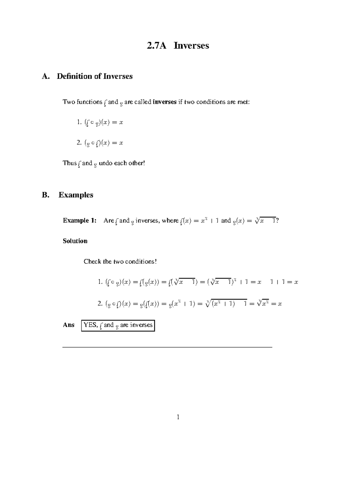 2.7A Inverses - Explained - 2 Inverses A. Definition of Inverses Two ...
