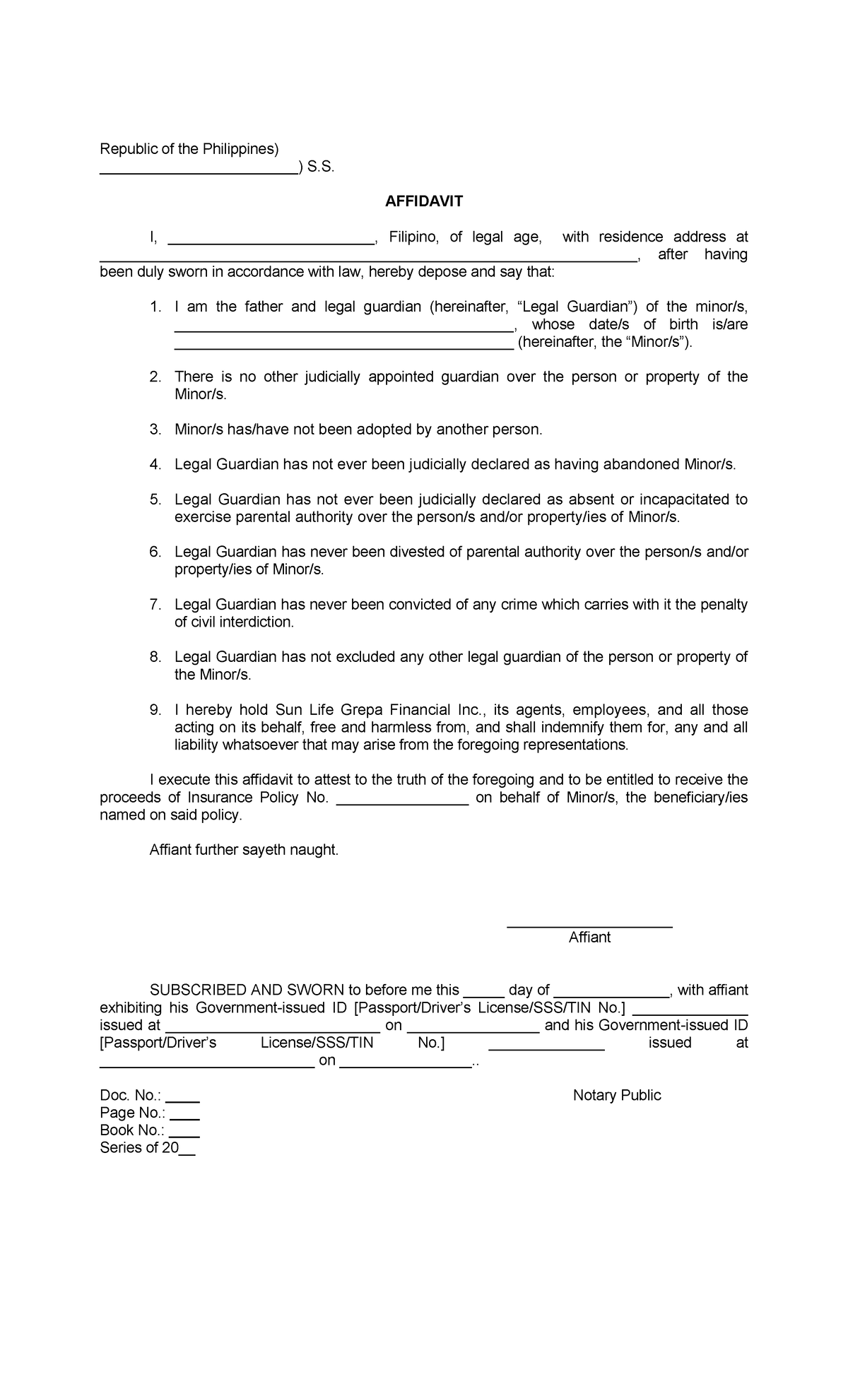 Affidavit Of Guardianship By Father - Republic Of The Philippines