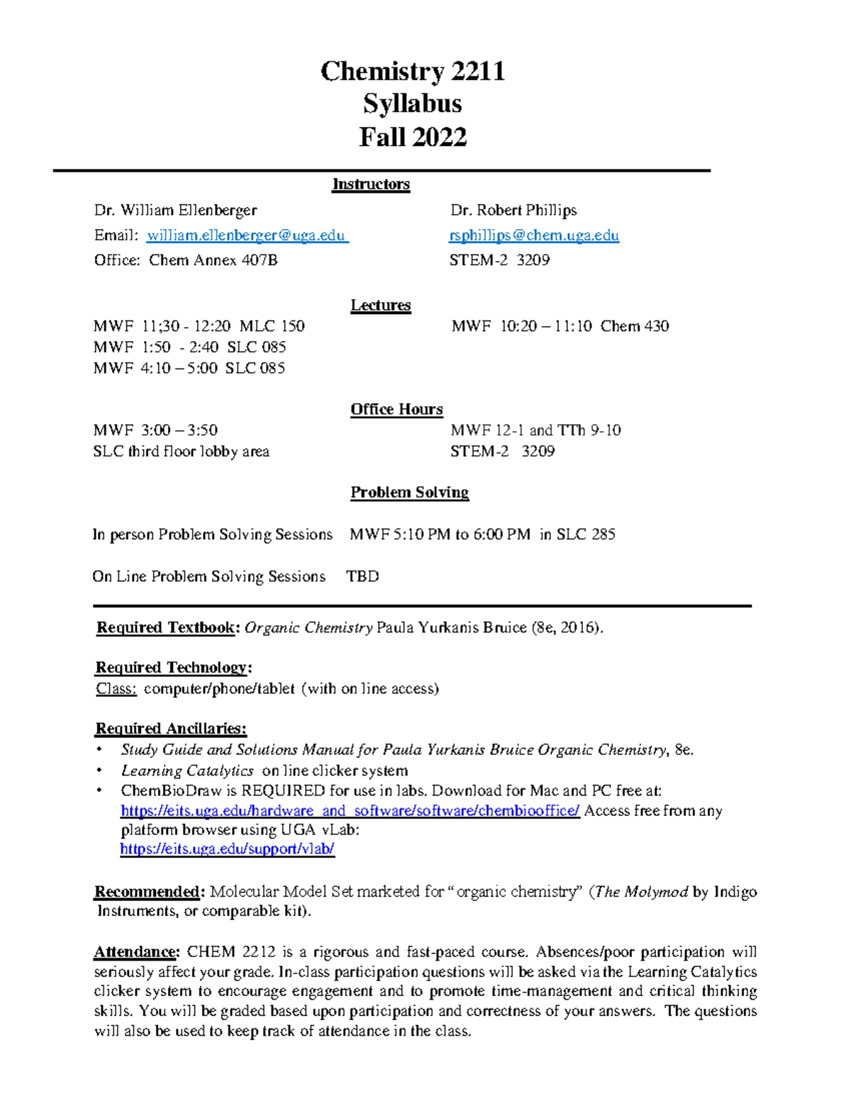 CHEM 2211 Syllabus Fall 2022 - Chemistry 2211 Syllabus Fall 2022  Instructors Dr. William Ellenberger - Studocu