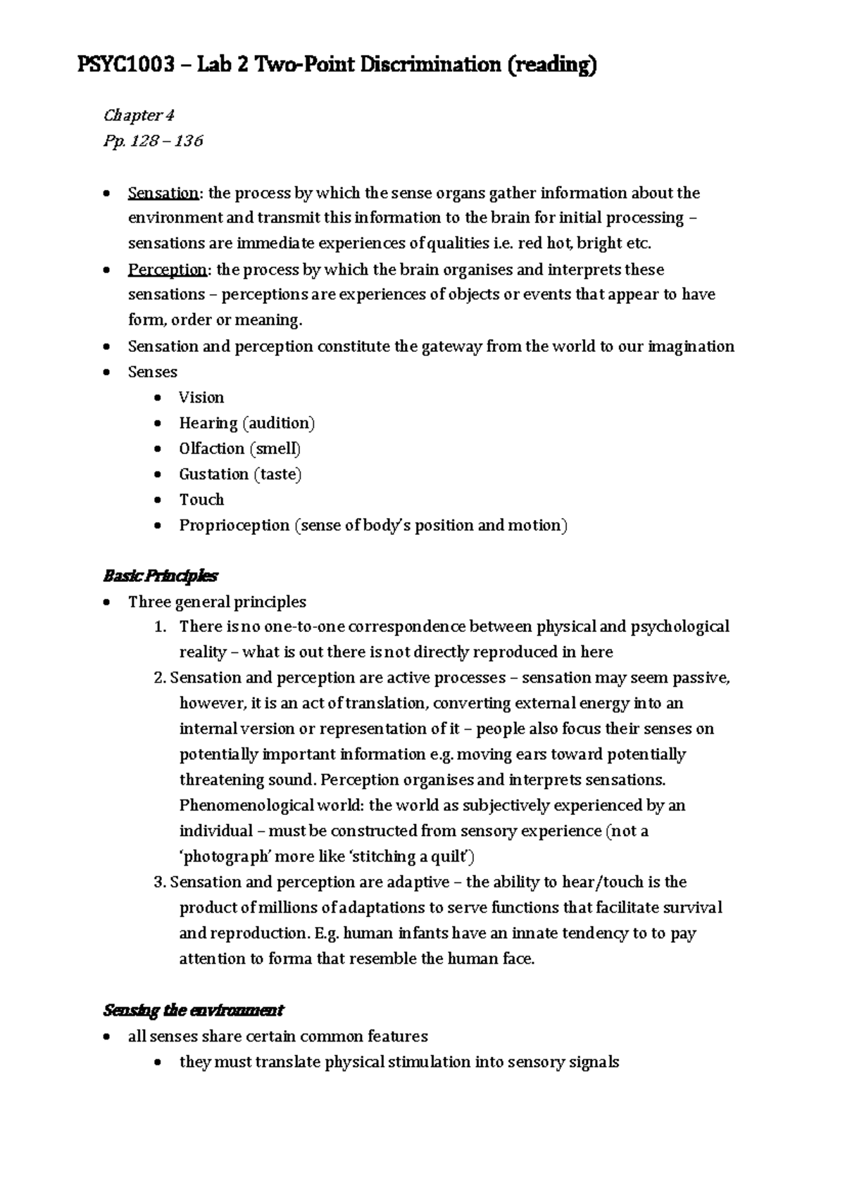 Practical - lab 2 - PSYC 1003 – Lab 2 Two-Point Discrimination (reading ...