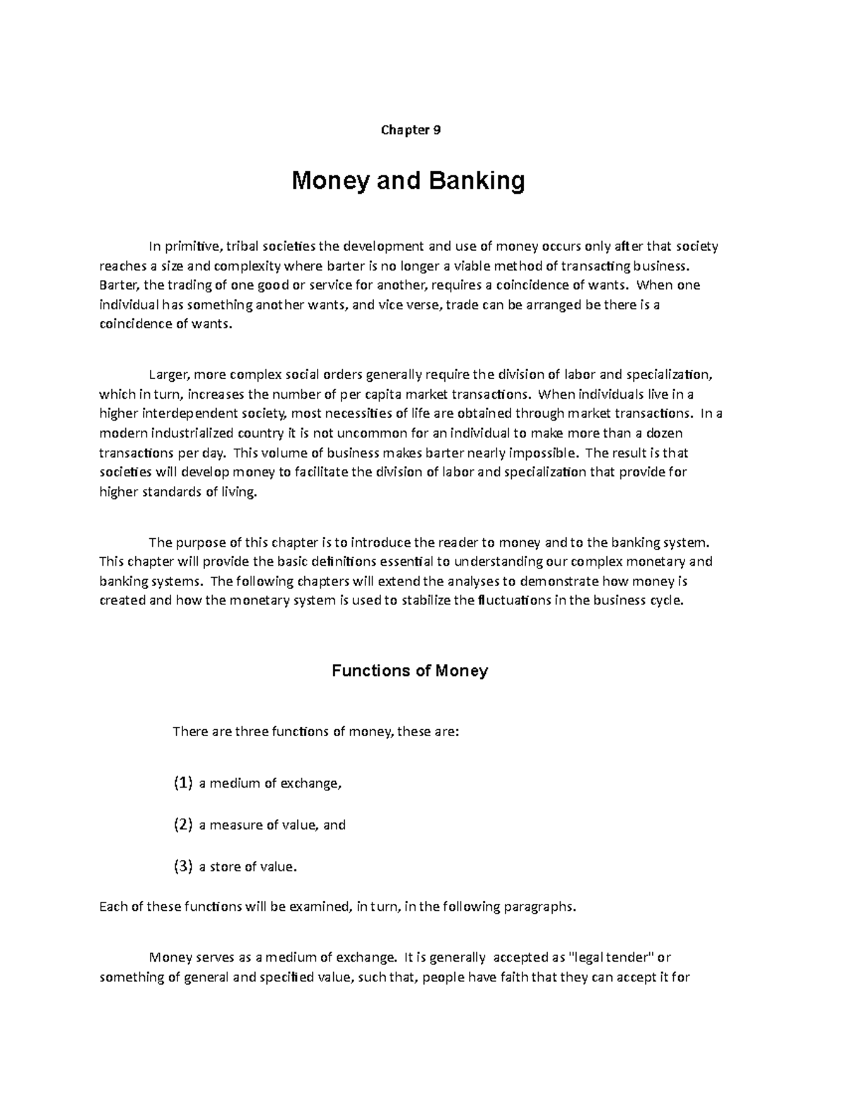 Note 31 - class notes - Chapter 9 Money and Banking In primitive ...