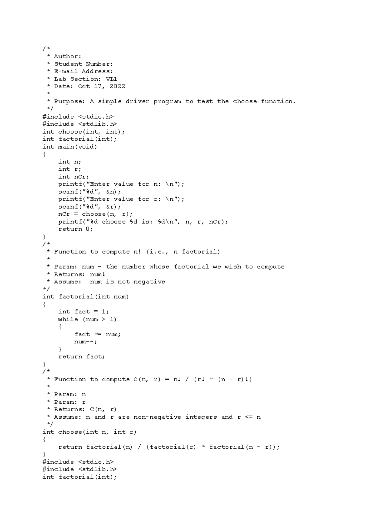 APSC 160 LAB Comb - /* Author: Student Number: E-mail Address: Lab ...