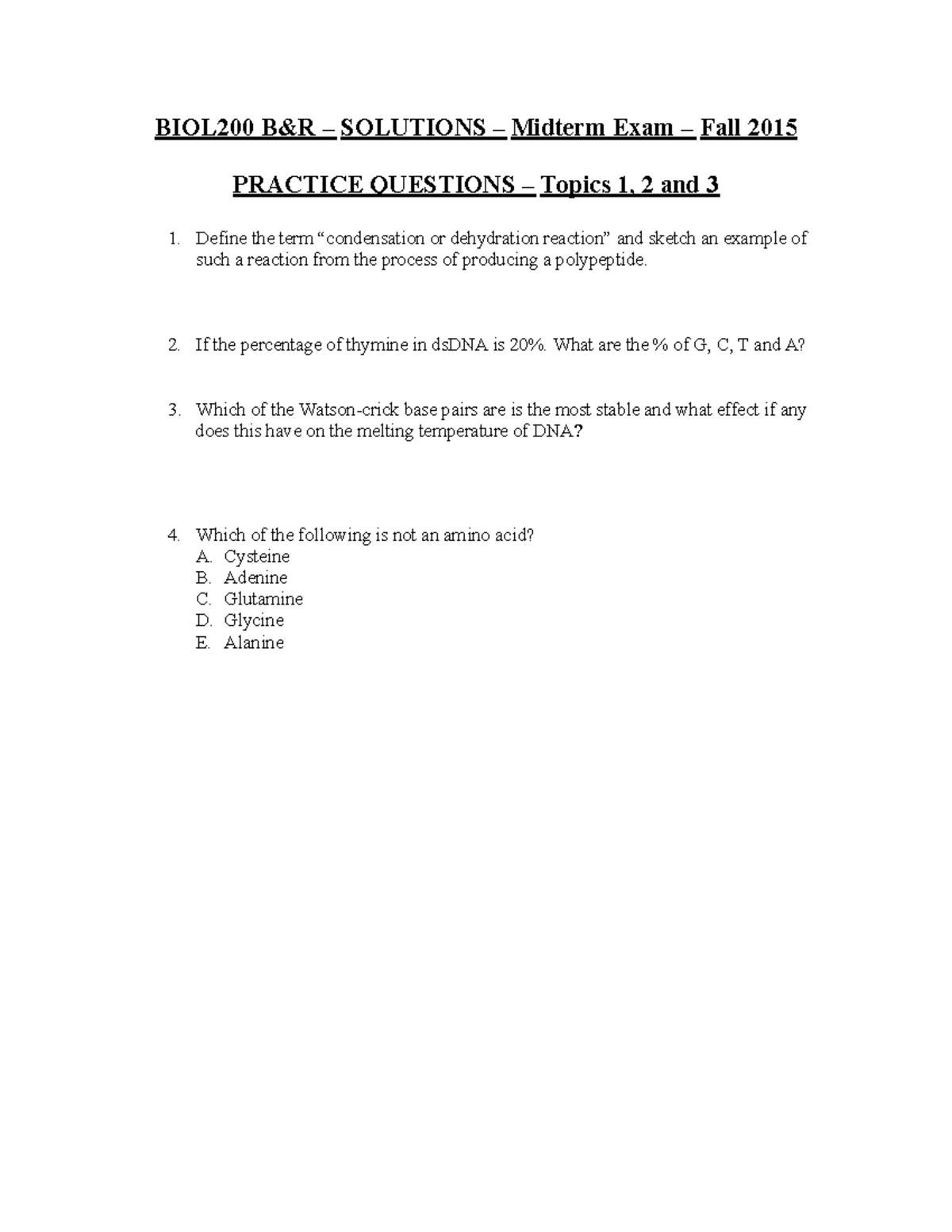biol 201 practice questions - BIOL200 B&R – SOLUTIONS – Midterm Exam ...
