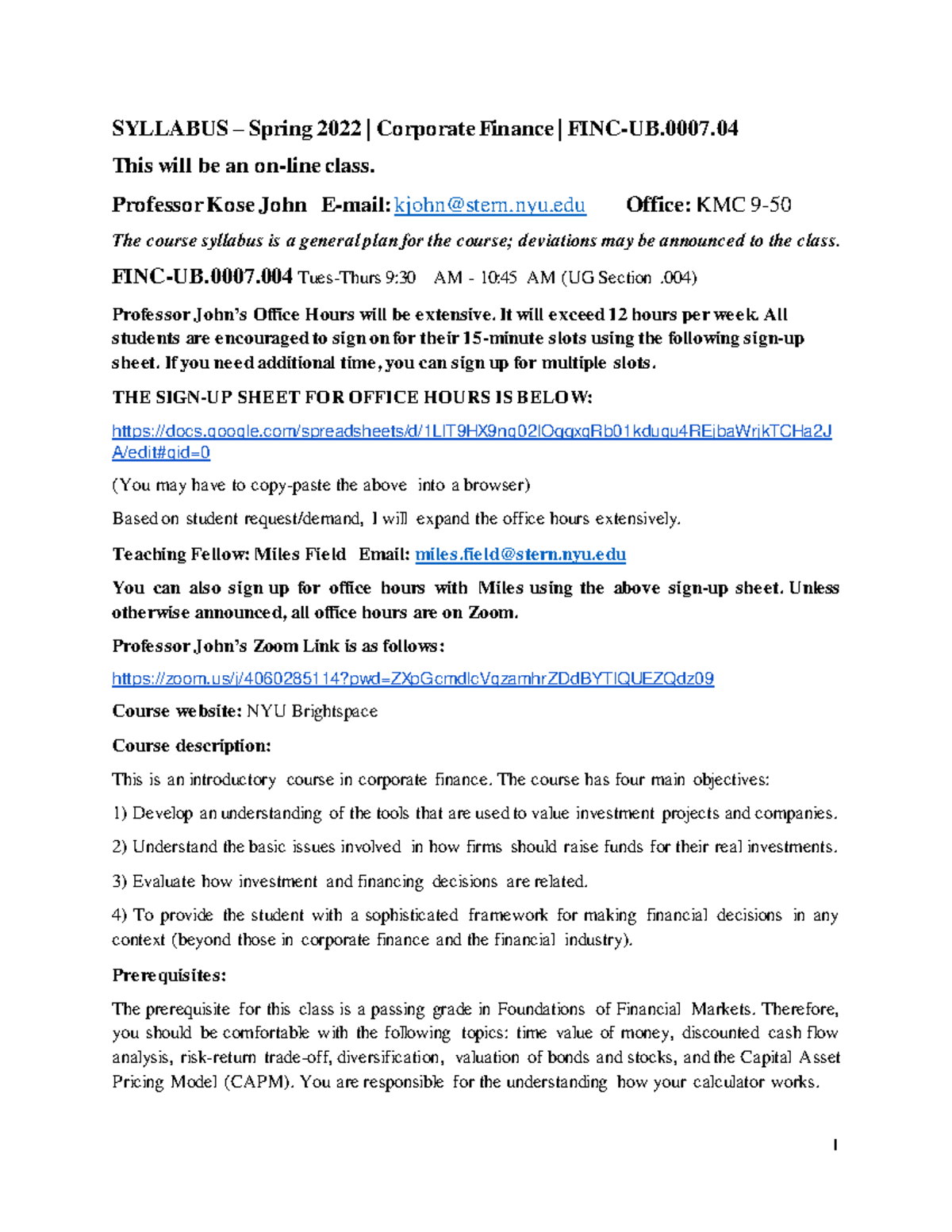 Financial Modeling & Analysis Course Syllabus - Spring 2022 - SYLLABUS ...