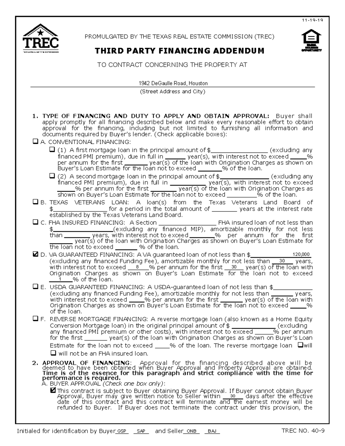 VA Loan no solutions TREC NO. 40 9 11 19 19 PROMULGATED BY THE