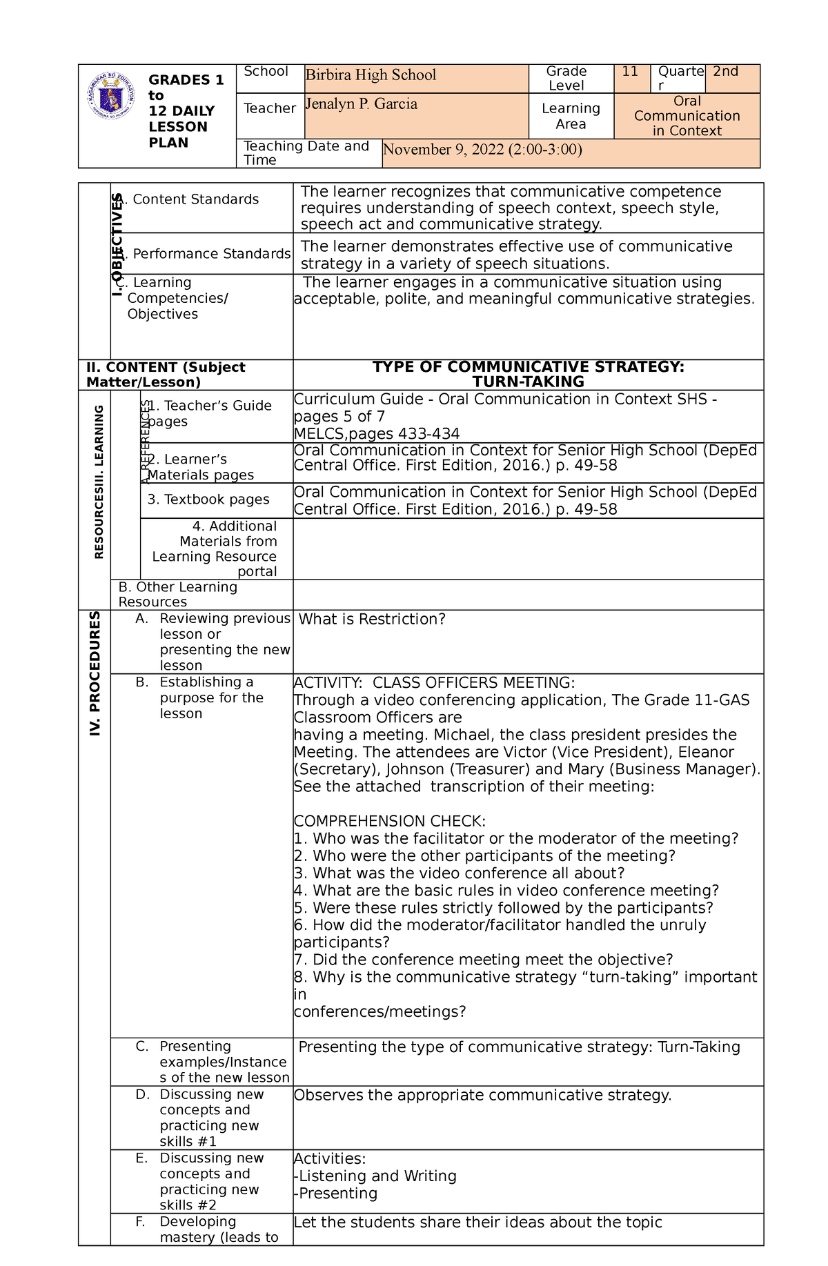 DLL Oral Comm Q 2 W1 D3 - DLL - GRADES 1 To 12 DAILY LESSON PLAN School ...