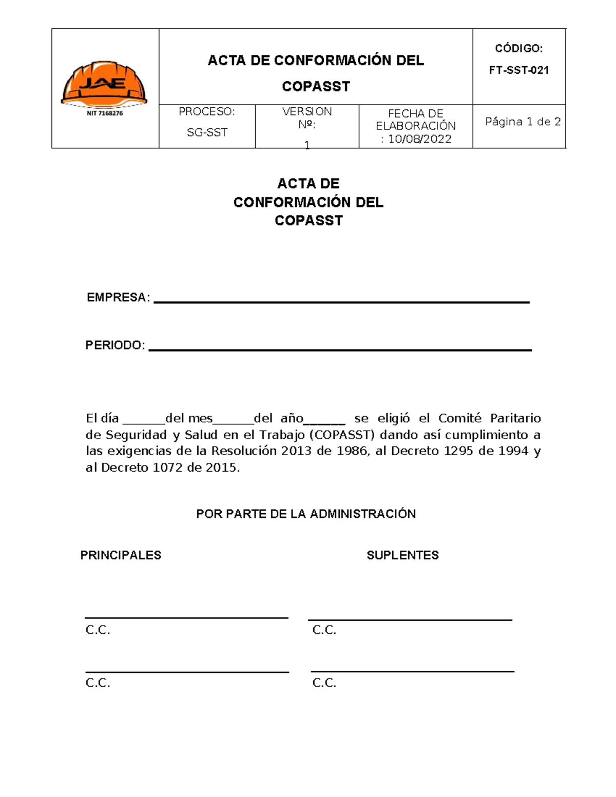 FT-SST-021 ( Formato ACTA Conformación DE Copasst) - ACTA DE ...