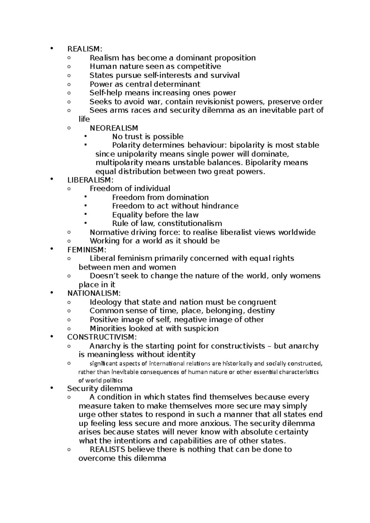 Pols1201 Key Topic Notes 2017 - REALISM: o Realism has become a ...