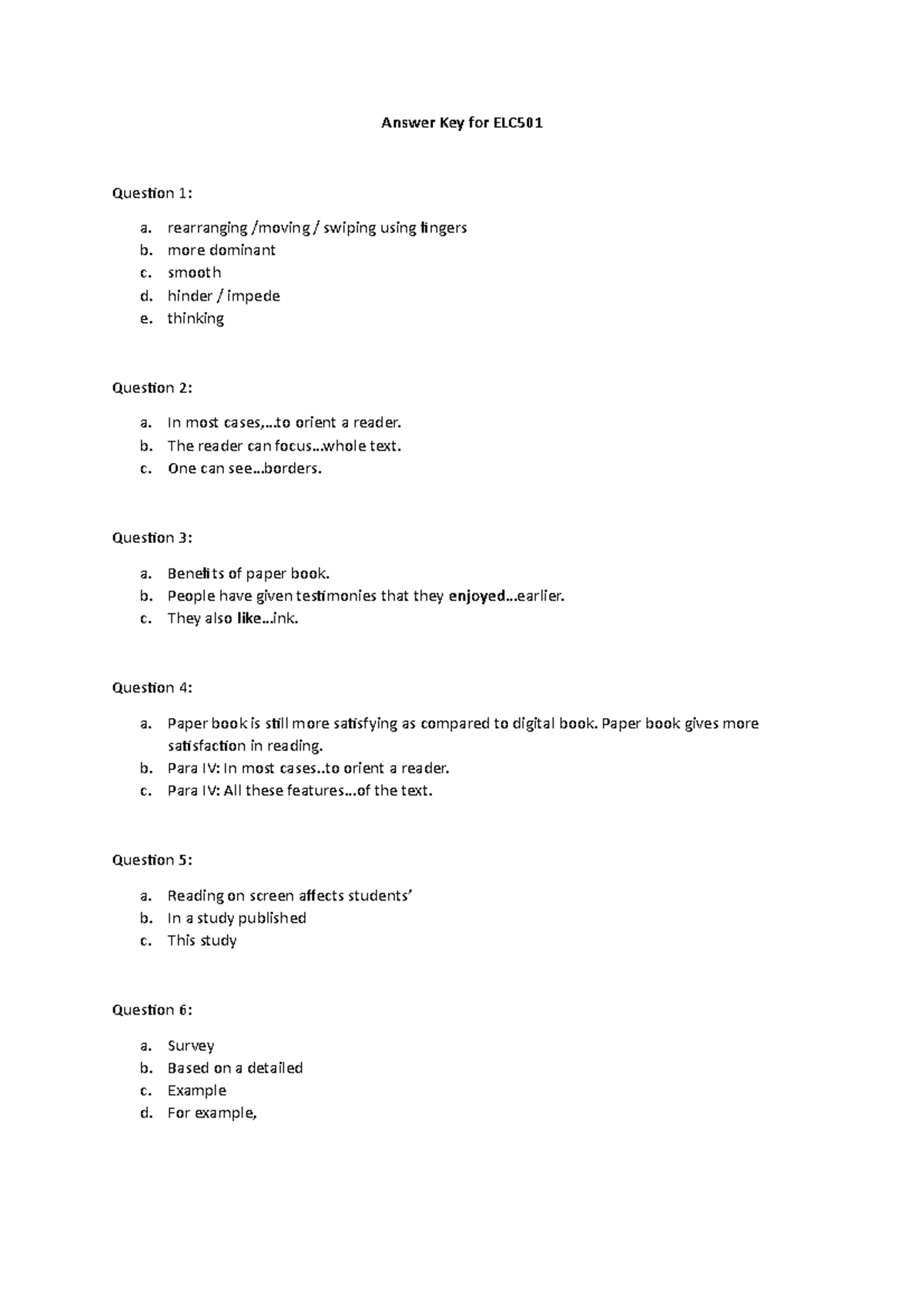 Answer Key for ELC501 n/a Answer Key for ELC Question 1 a