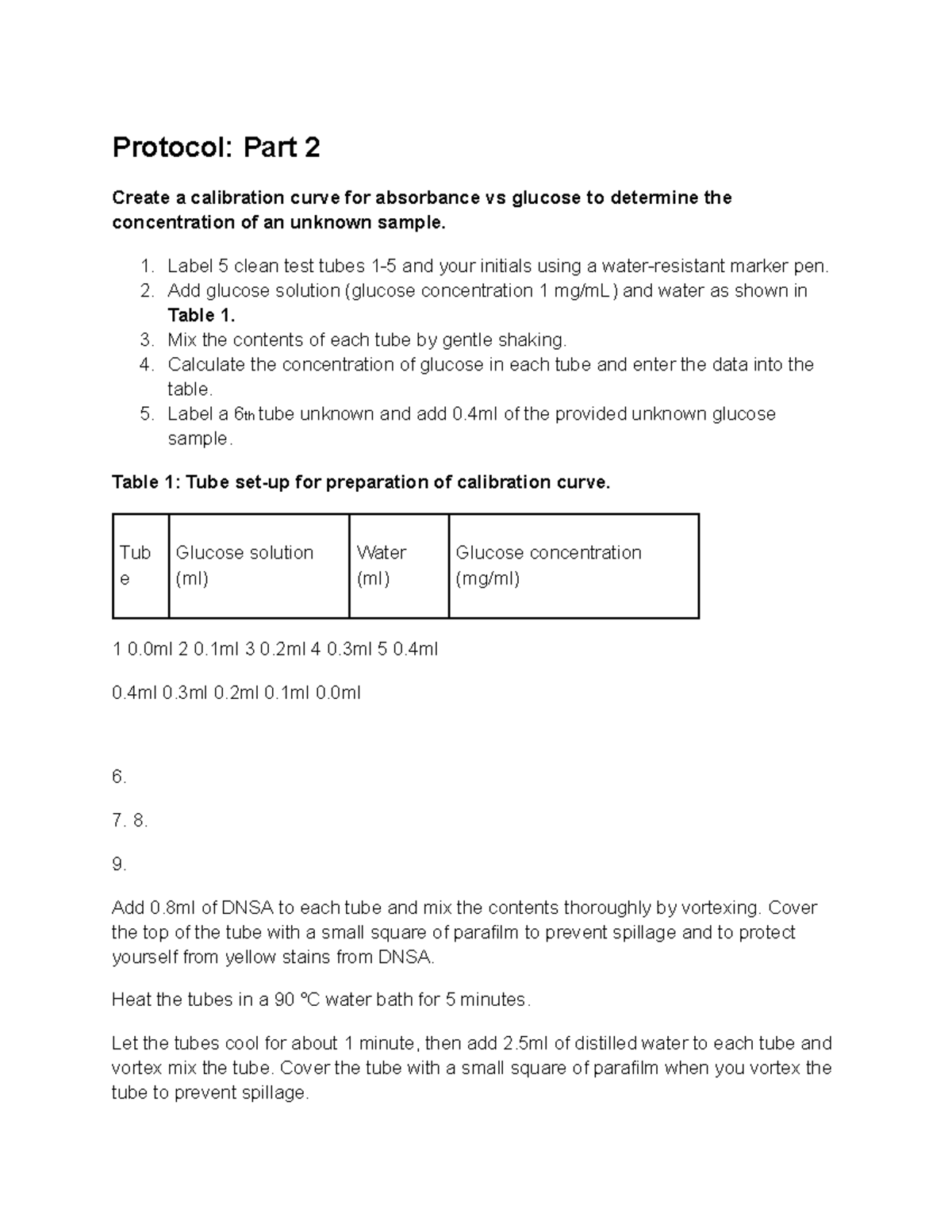 biochemistry practical Protocol Part 2 Create a calibration curve