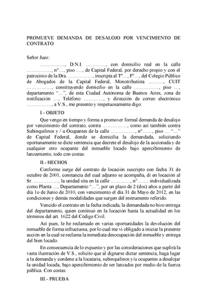 22- Desalojo- Vencimiento DE Contrato-Modelos Civil Patrimonial - PROMUEVE  DEMANDA DE DESALOJO POR - Studocu