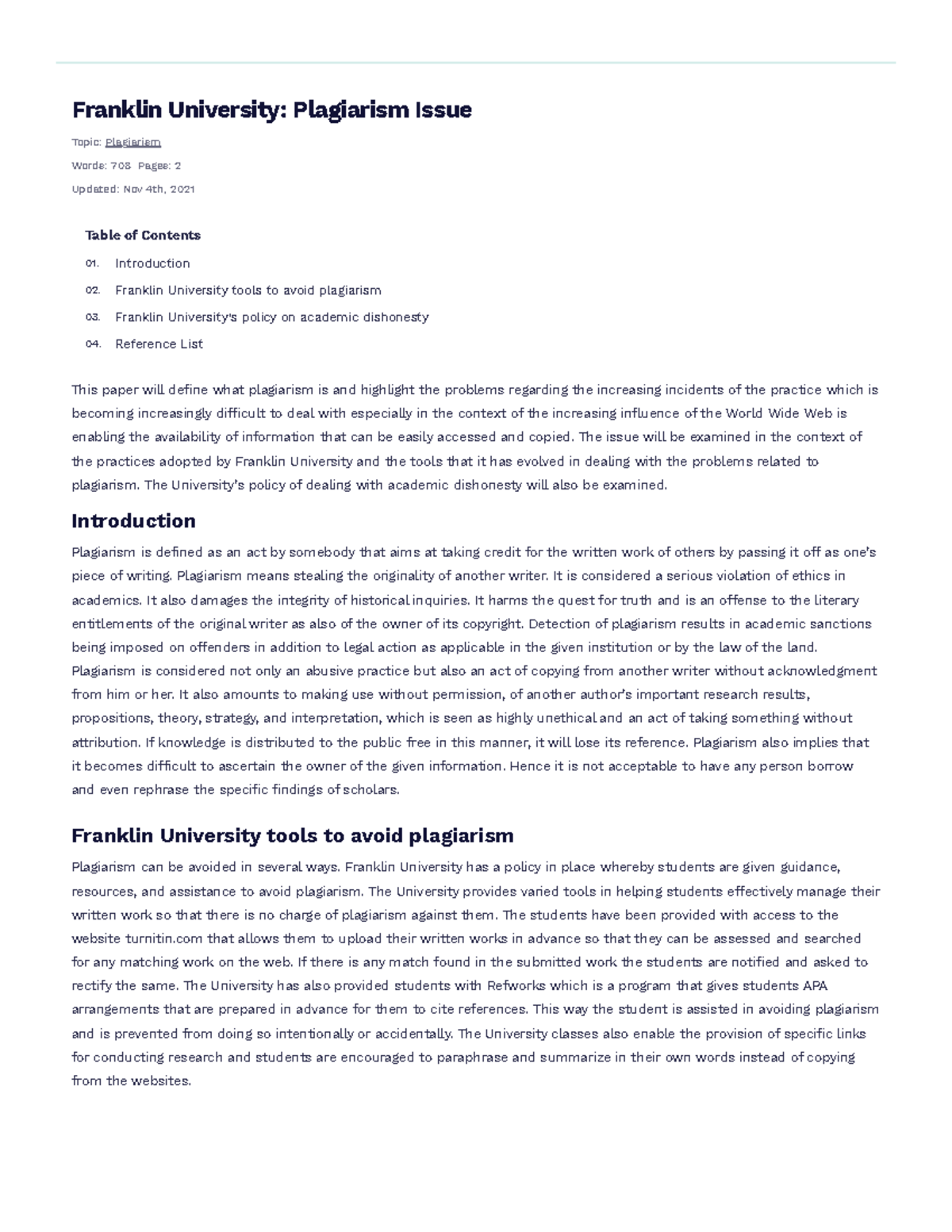 Franklin University- Plagiarism Issue Free Essay Example - Franklin ...