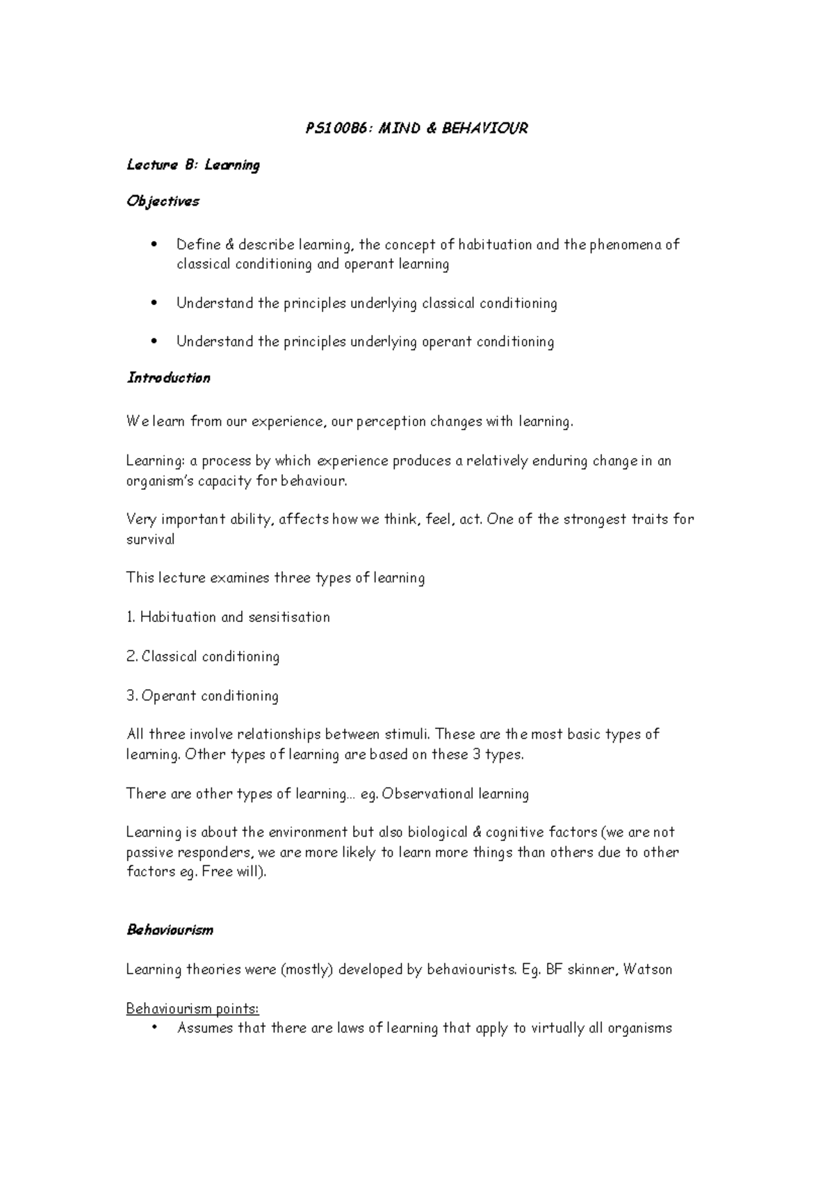 Introduction to learning and conditioning - PS10086: MIND & BEHAVIOUR ...