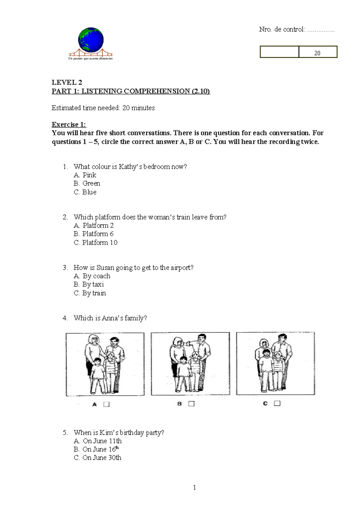 EXAM Level 2 - modelo - LEVEL 2 PART 1: LISTENING COMPREHENSION (2 ...