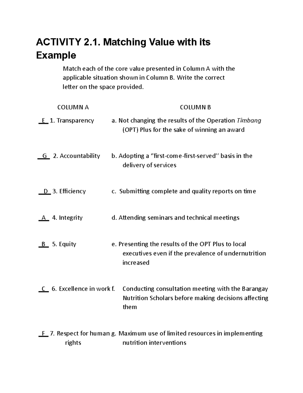 Activity 2 - nnc elearning - ACTIVITY 2. Matching Value with its ...