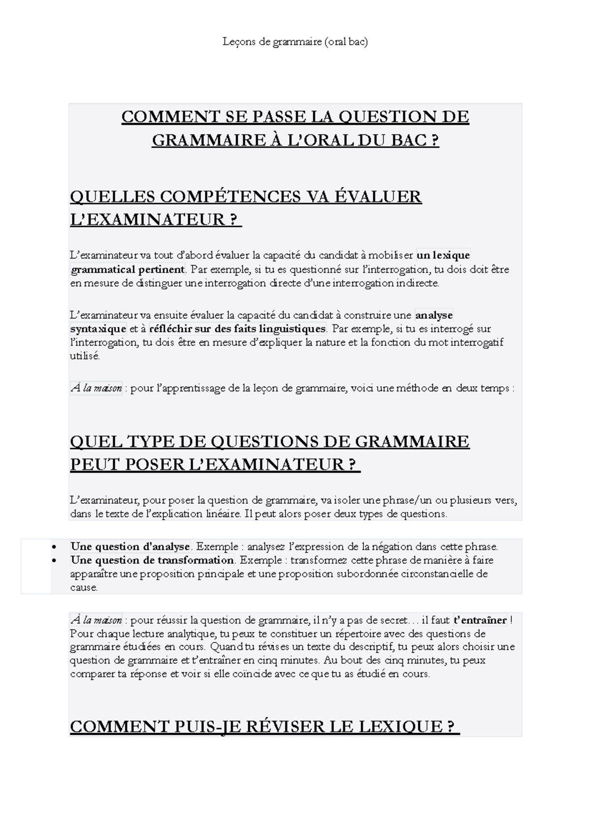 Exemple Question De Grammaire Bac Français www.studocu.com