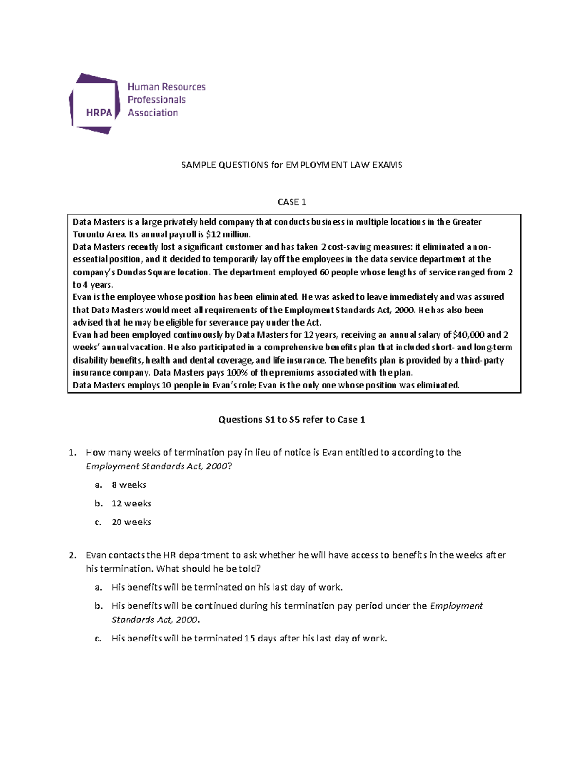 Employment Law Question Samples SAMPLE QUESTIONS for EMPLOYMENT LAW