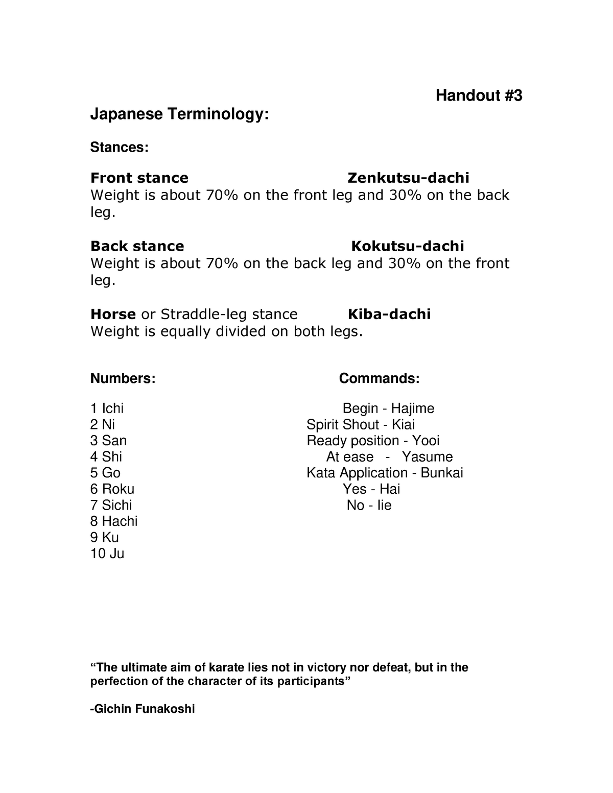 Handout 3 - Handout Japanese Terminology: Stances: Front stance ...