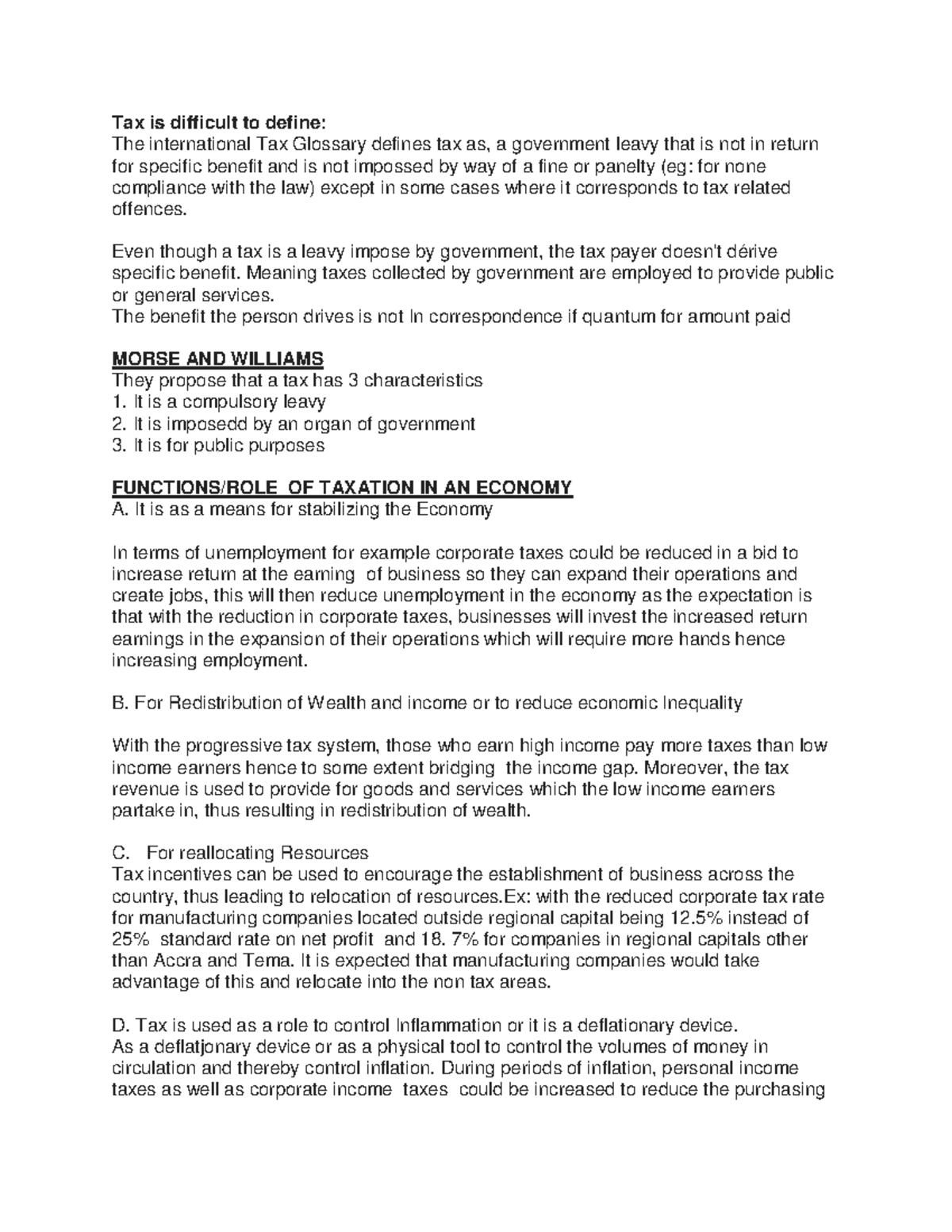 TAX - TAXATION NOTES - Tax is difficult to define: The international ...