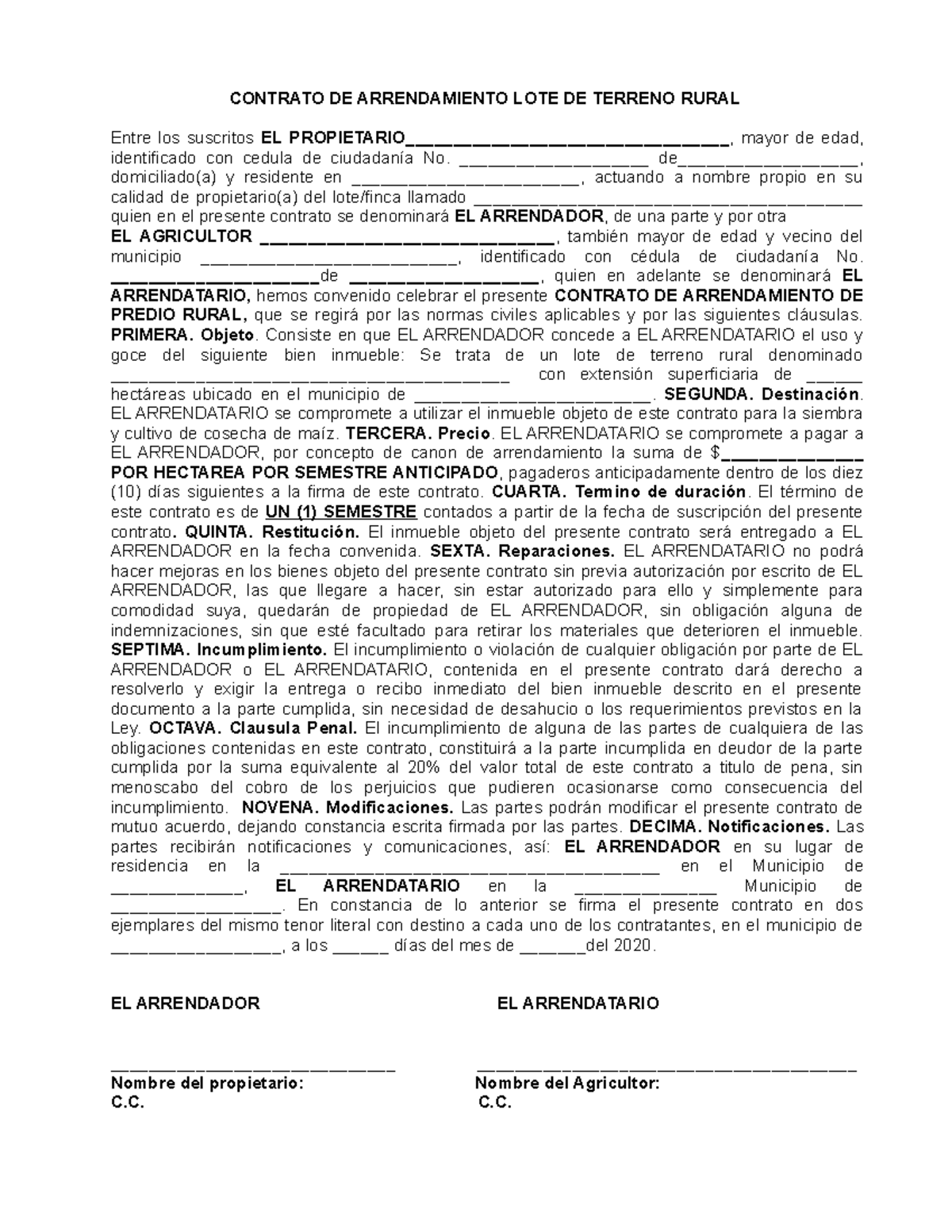 Formato 5. Modelo Contrato Arriendo Terreno Rural - CONTRATO DE  ARRENDAMIENTO LOTE DE TERRENO RURAL - Studocu