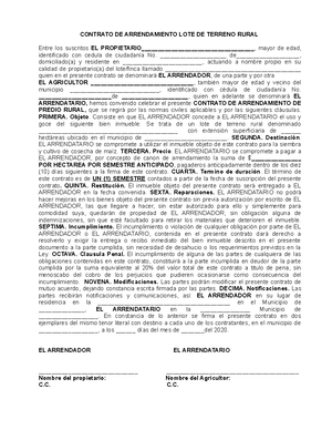 Formato 5. Modelo Contrato Arriendo Terreno Rural - CONTRATO DE  ARRENDAMIENTO LOTE DE TERRENO RURAL - Studocu